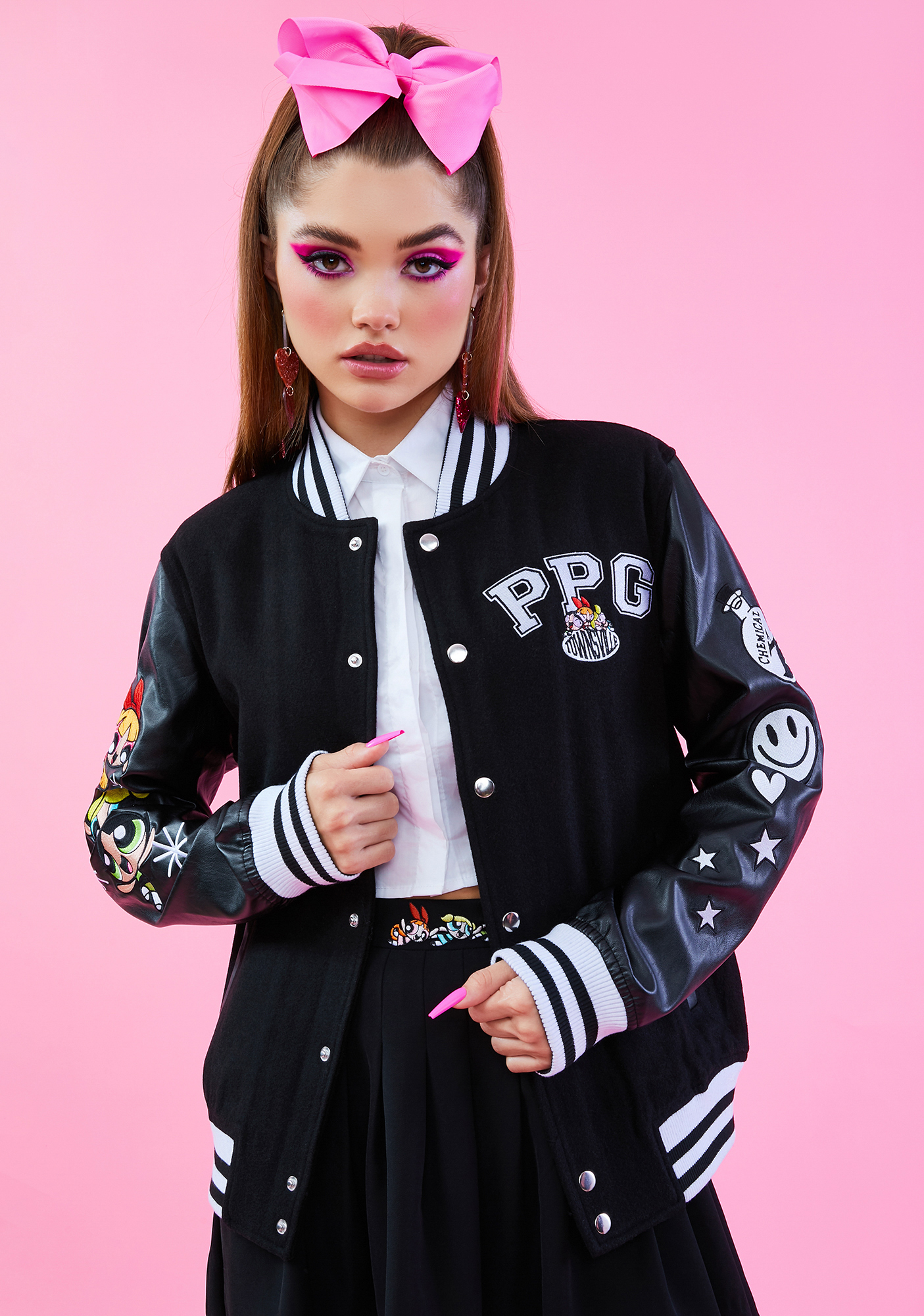 Dolls Kill x Powerpuff Girls Oversized Varsity Jacket Black Dolls Kill