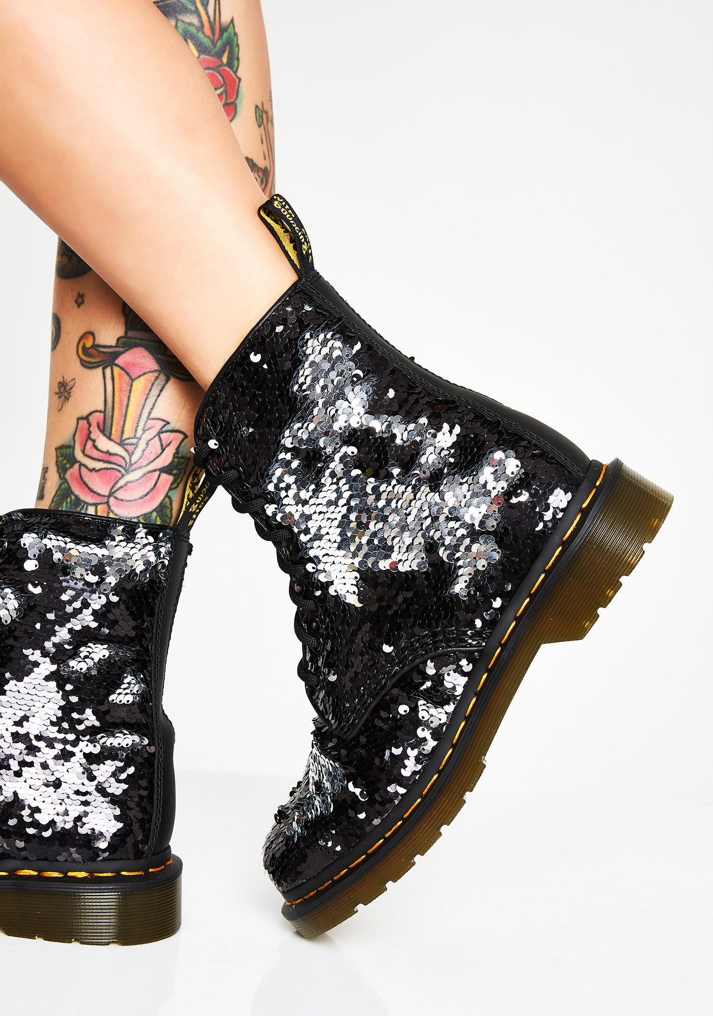 dr martens black & silver pascal 8 eye glitter boots