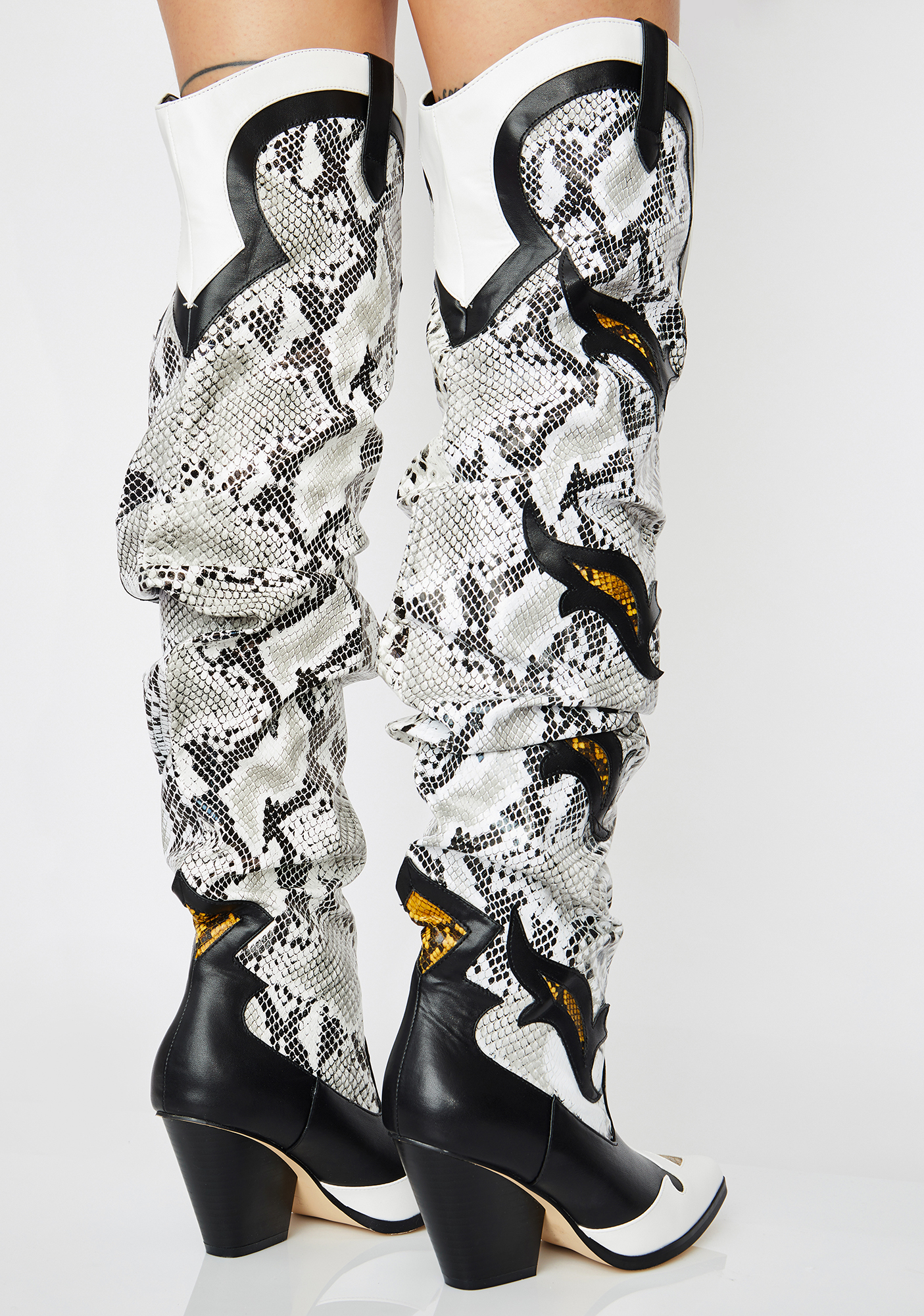 kelsie embroidered western thigh high long boot in black faux leather