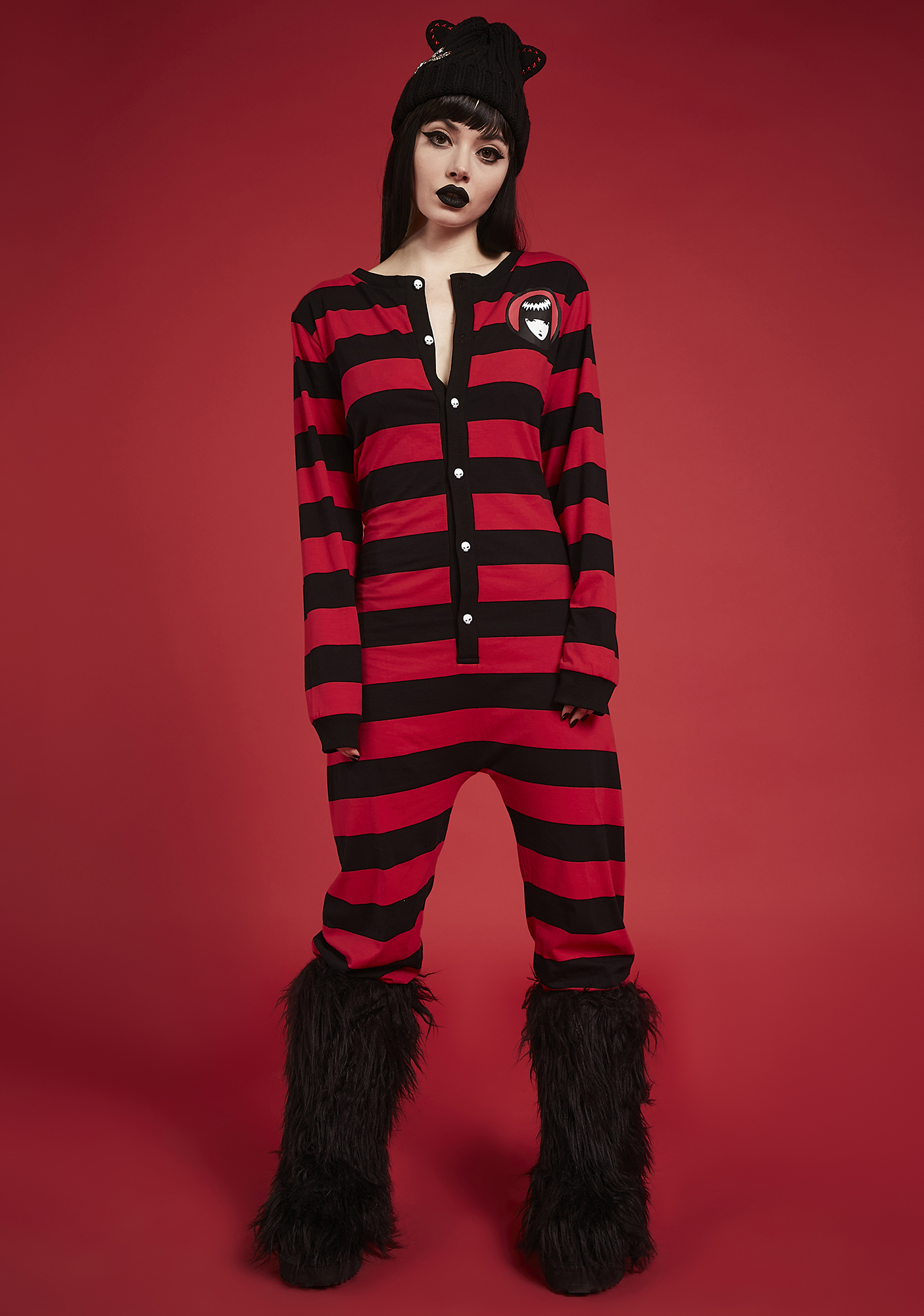 Emily The Strange Striped Logo Knit Button Up Onesie Dolls Kill