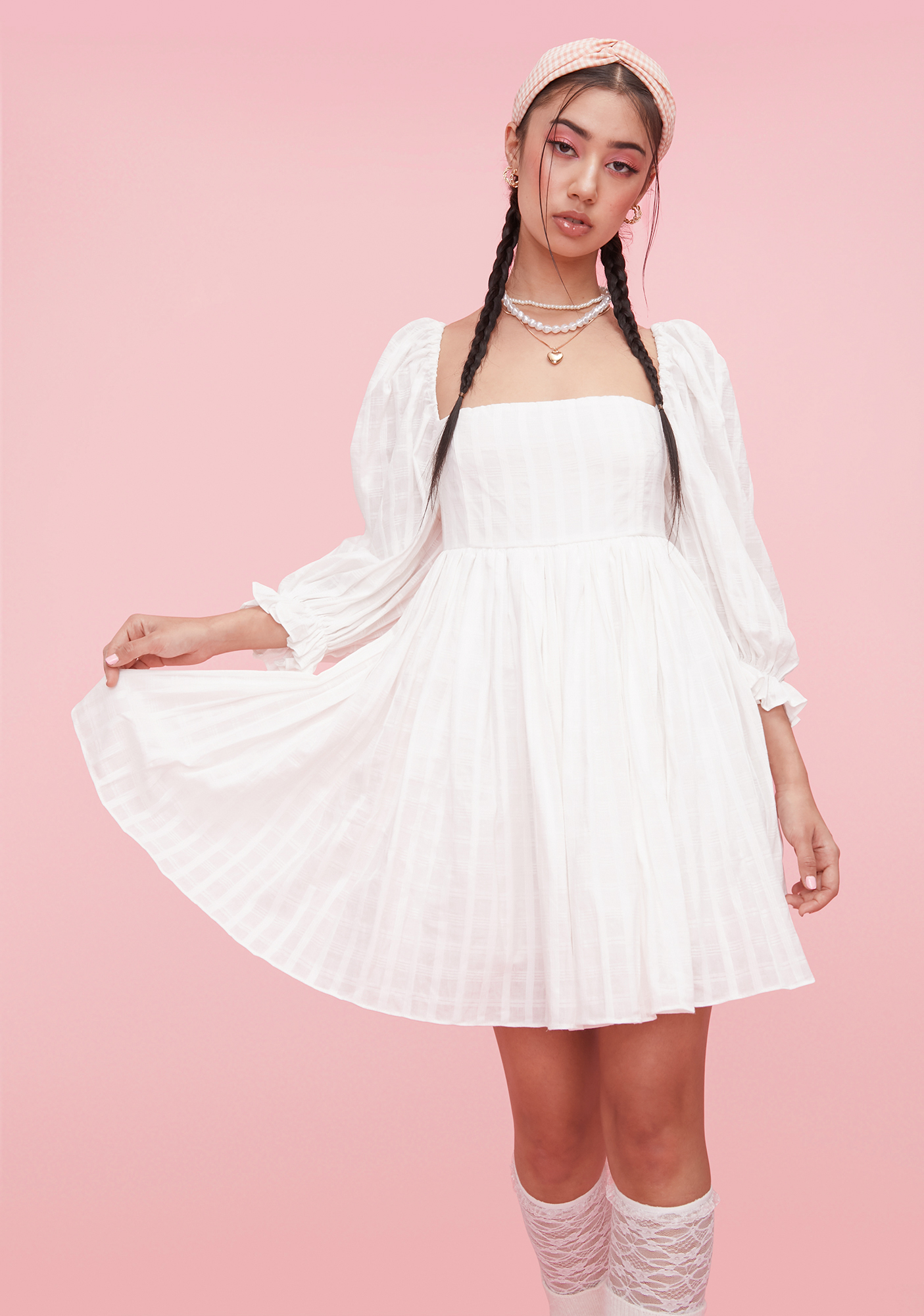 Pastel Gingham Square Neck Puff Sleeve Babydoll Dress White Dolls Kill