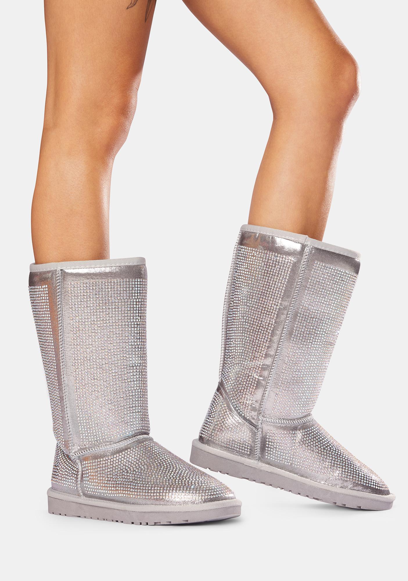 Rhinestone Holographic Ankle Boots - Silver | Dolls Kill