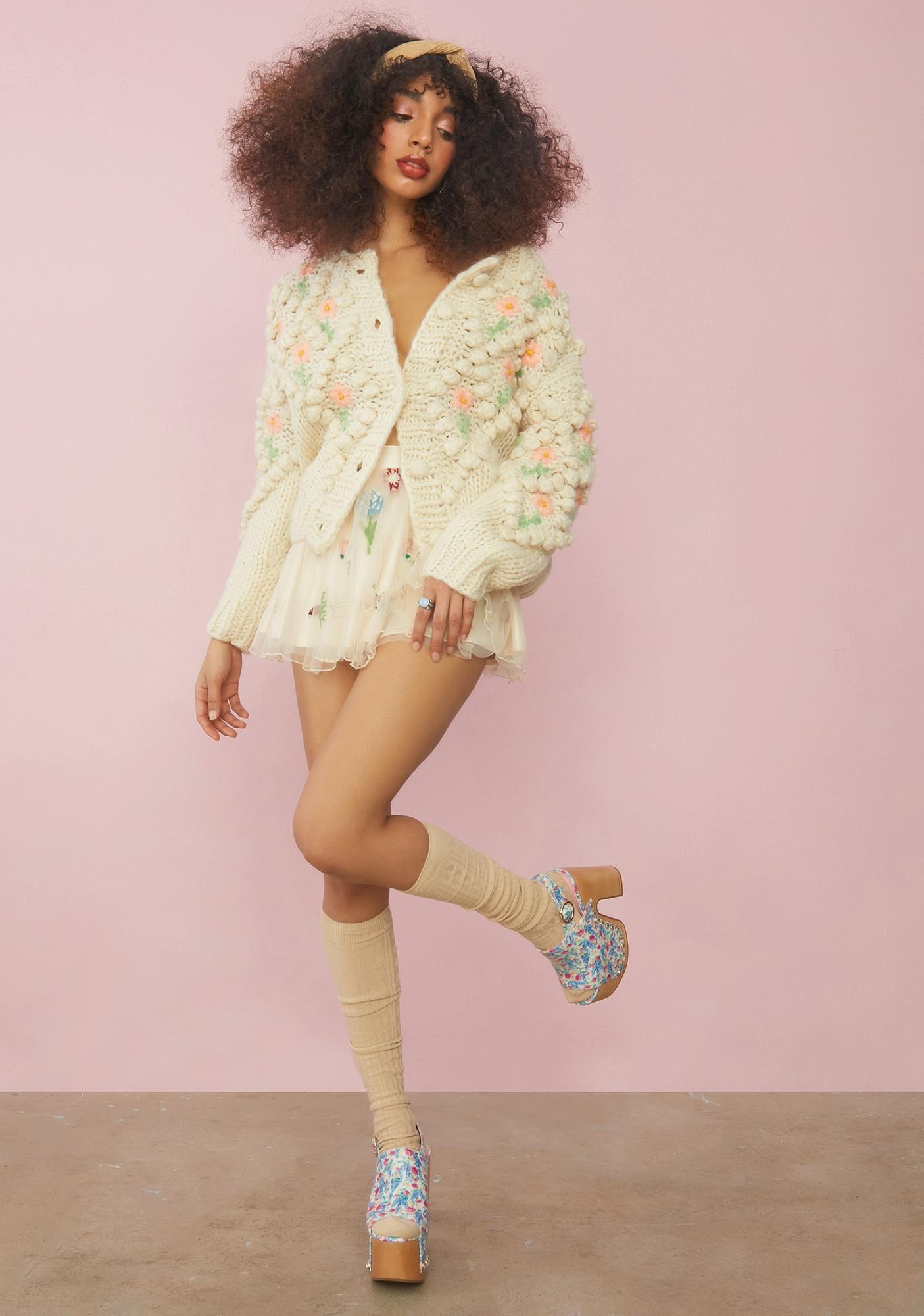Sugar Thrillz Floral Knit Cardigan With Pom Poms | Dolls Kill