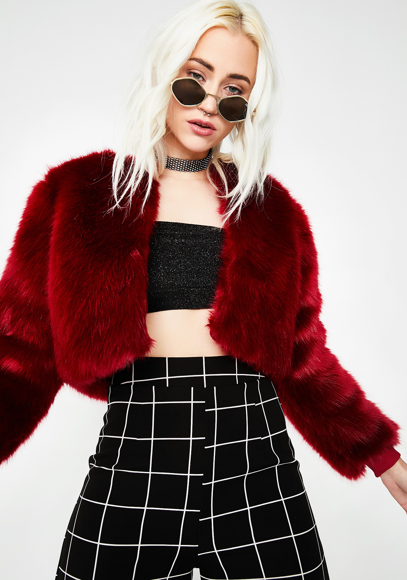 red fluffy cropped jacket