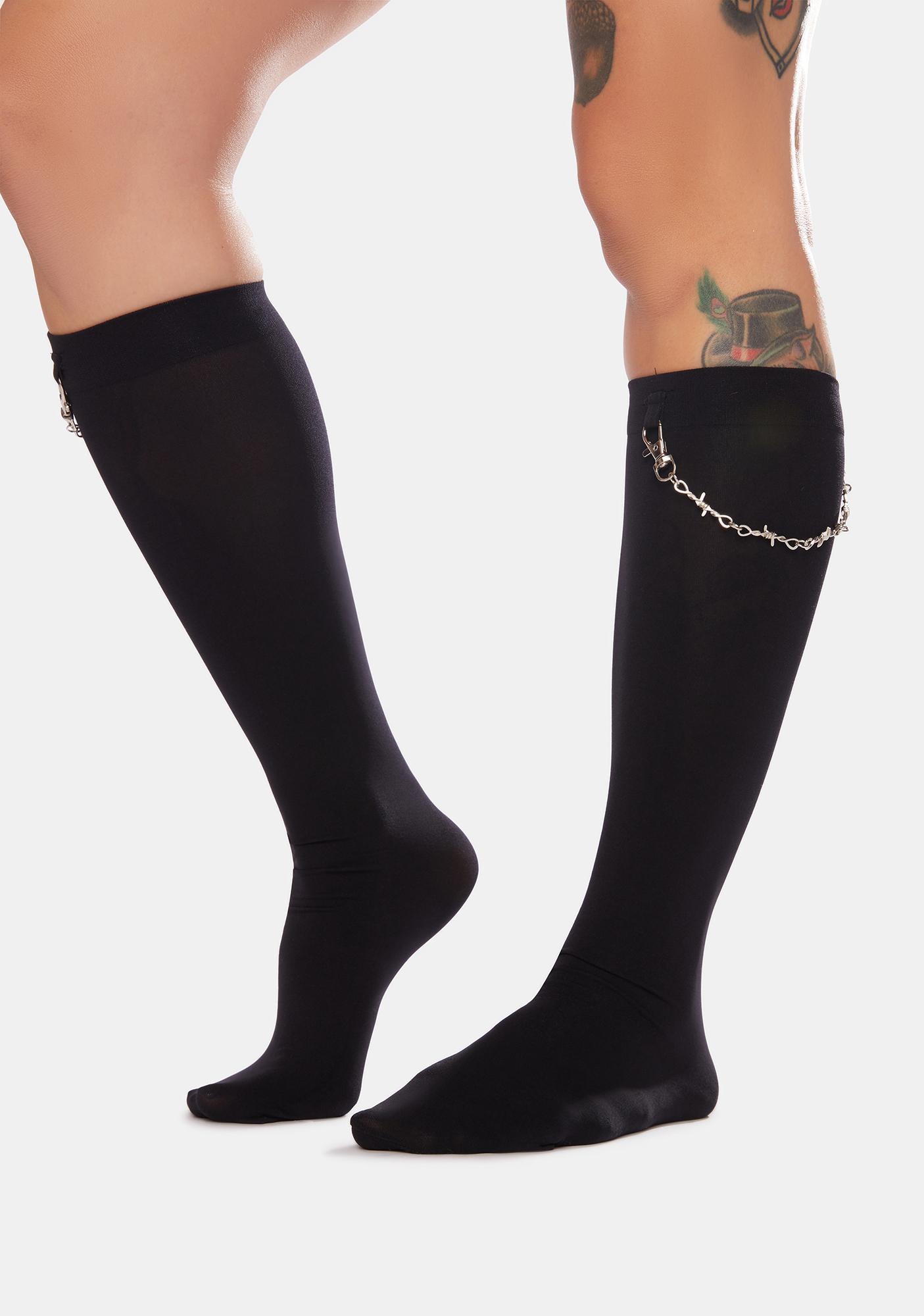 Knee High Barbed Wire Chain Socks - Black | Dolls Kill