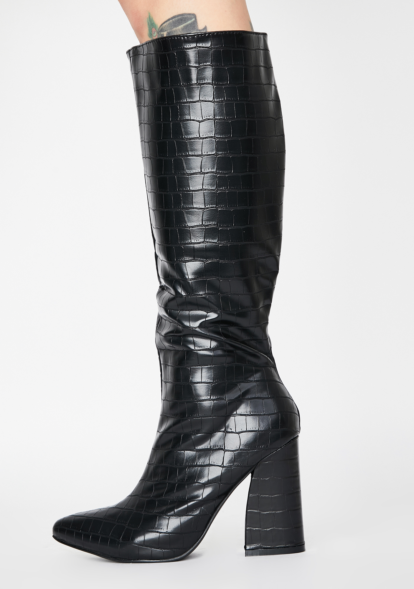 Crocodile Print Knee High Heeled Boots - Black | Dolls Kill