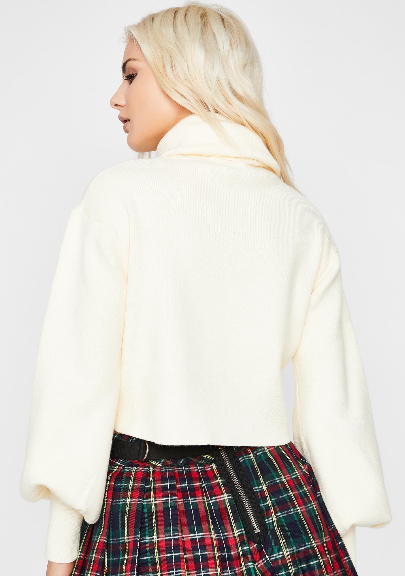 Off White Ivory Cropped Long Puff Sleeve Rollover Turtleneck Sweater