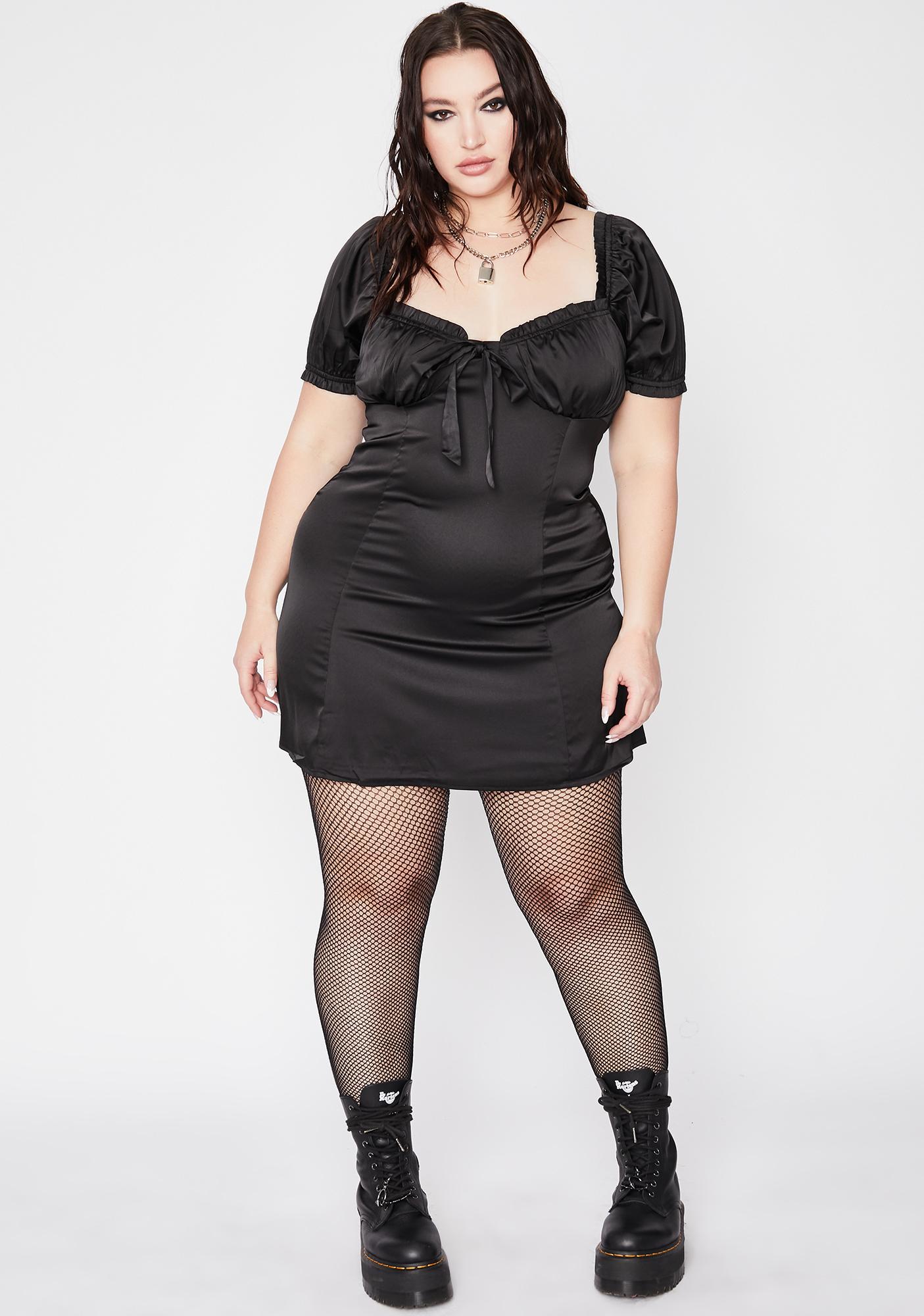 Plus Size Black Puff Sleeve Front Tie Satin Mini Dress | Dolls Kill
