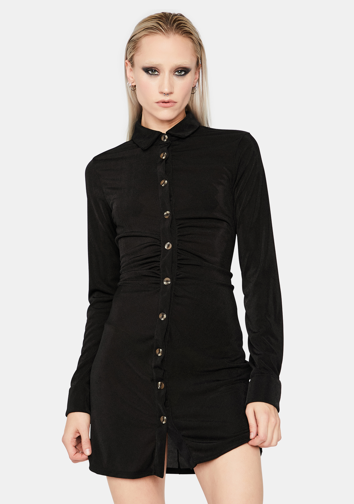 Collared Ruched Button Front Long Sleeve Mini Dress Black Dolls Kill