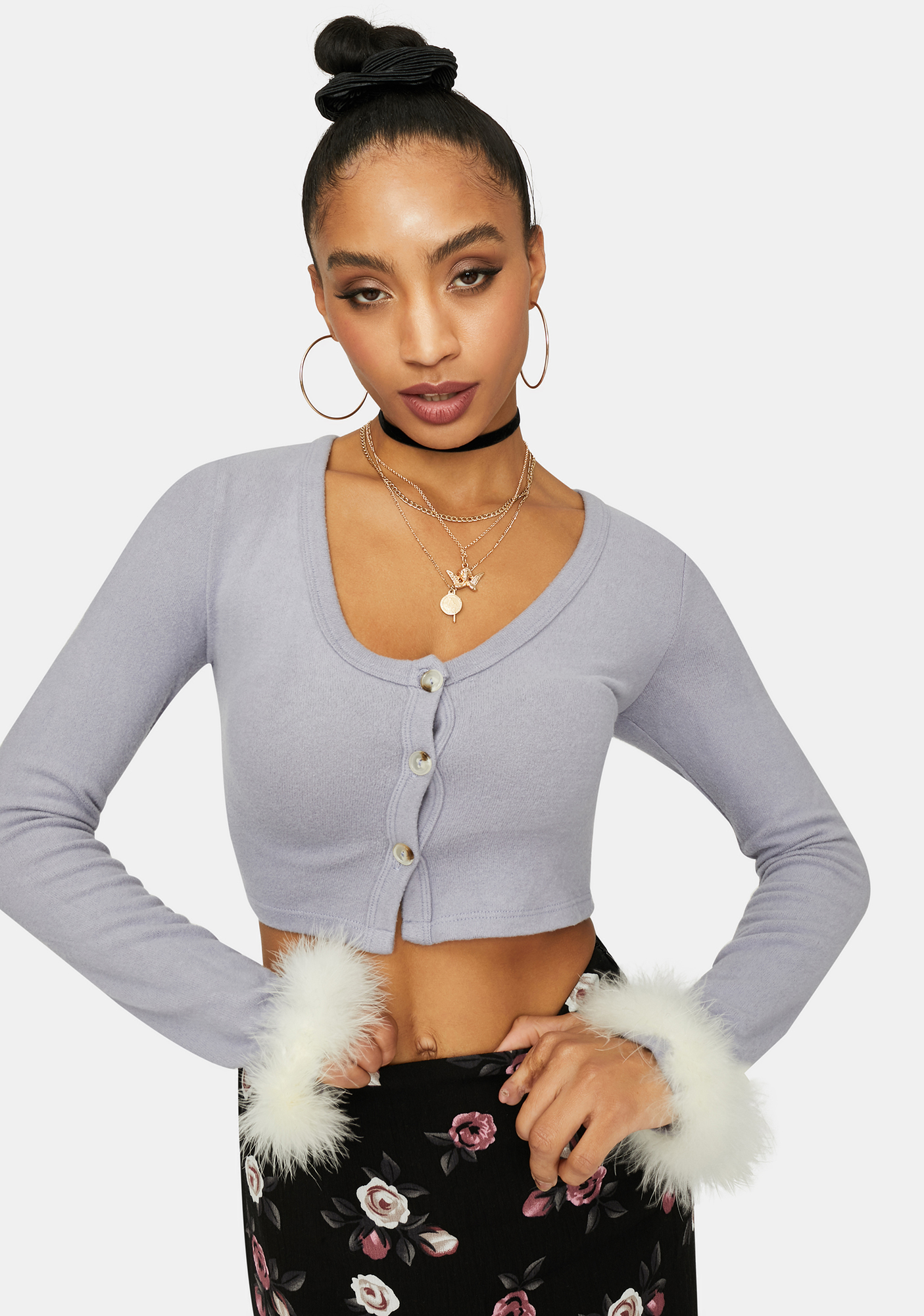 Marabou Trim Long Sleeve Button Up Crop Top Light Purple Dolls Kill