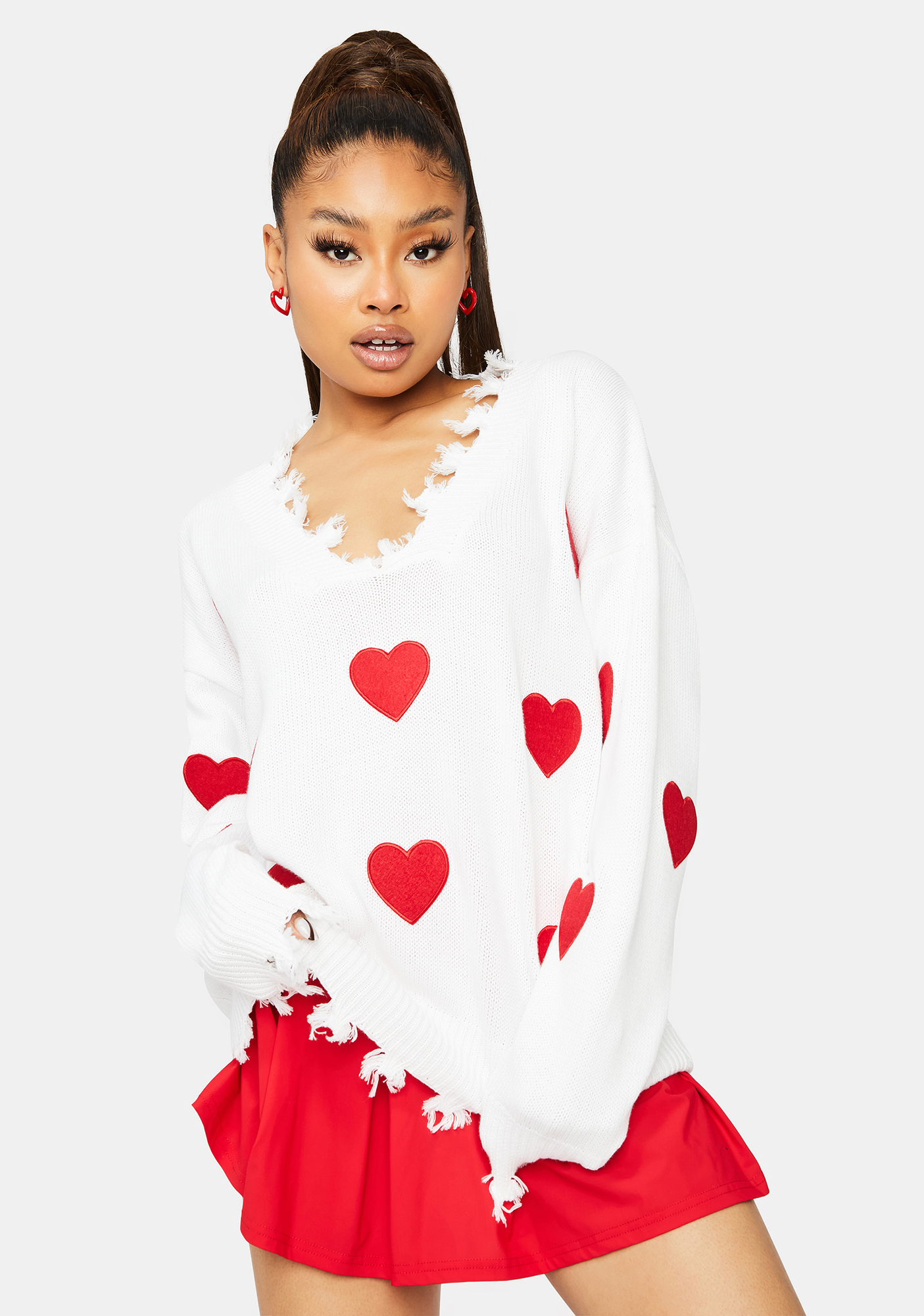 Long Sleeve Embroidered Heart Patch Detail Sweater Red Dolls Kill