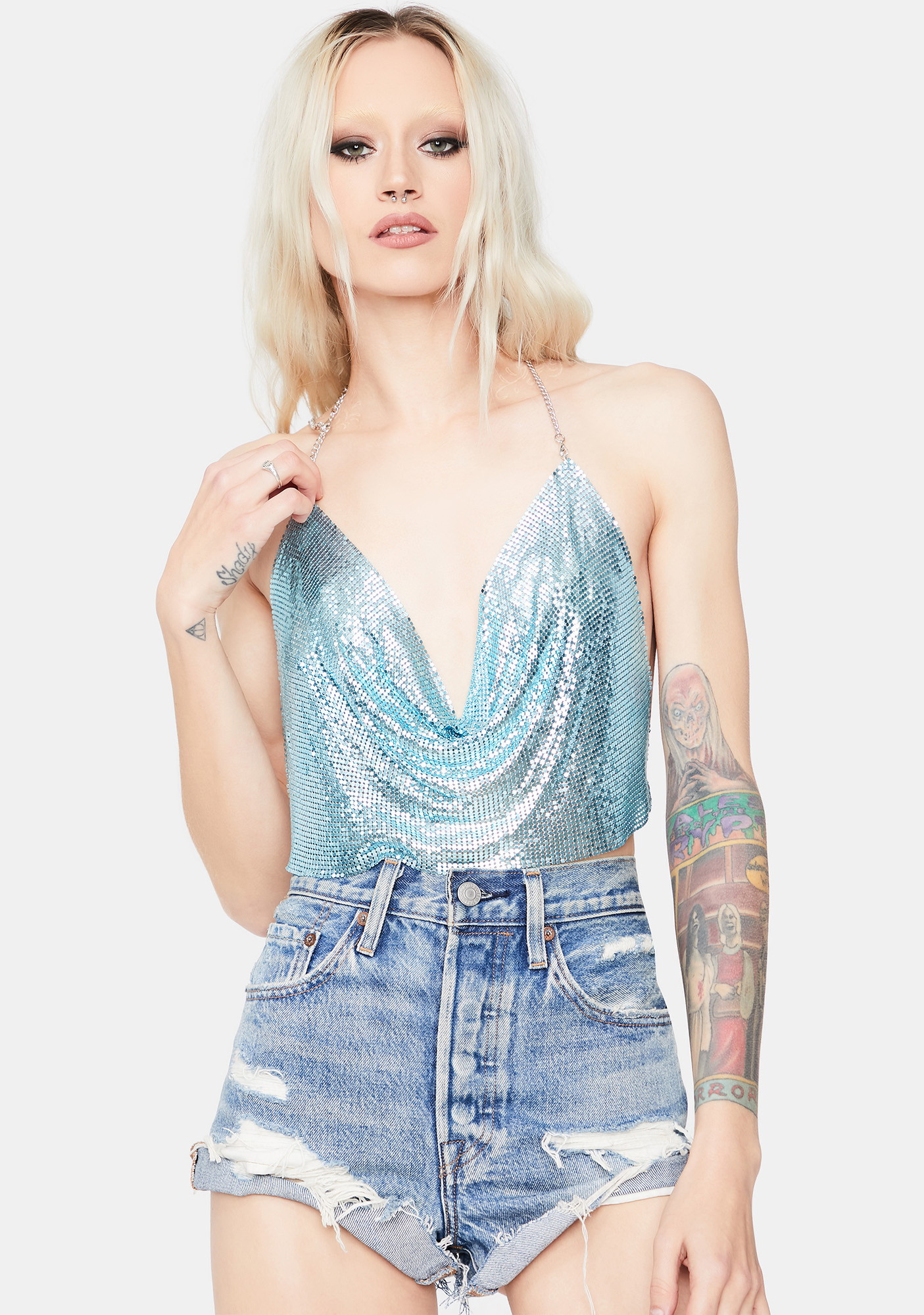 Chain Link Cowl Neck Glitter Halter Top Blue Dolls Kill 6813