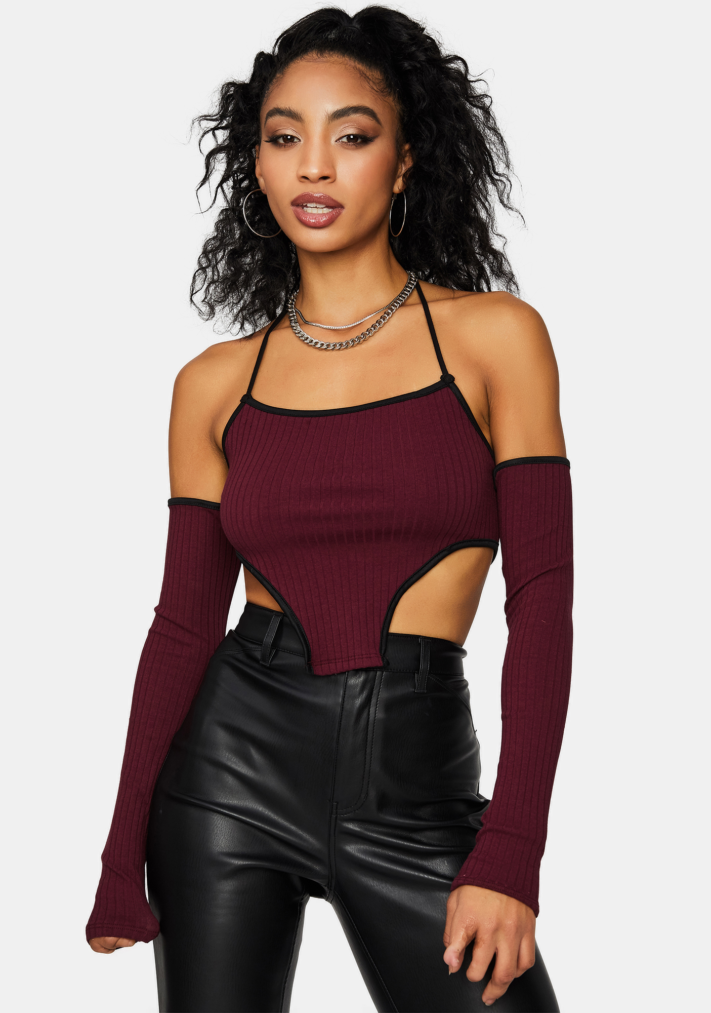Halter Crop Top With Arm Warmers Burgundy Dolls Kill