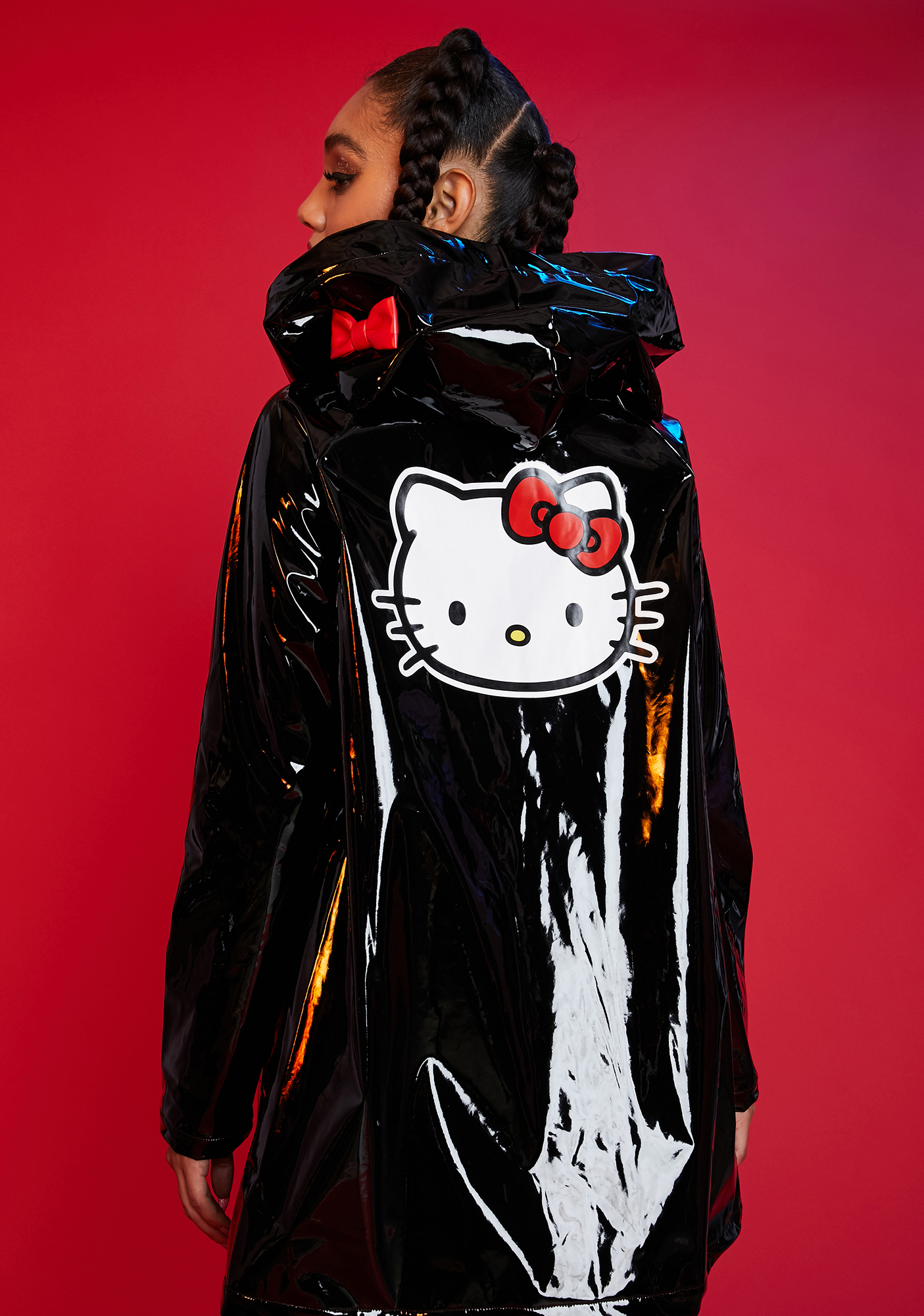 Dolls Kill Hello Kitty Cat Ear Hood Raincoat Black Vinyl Dolls Kill