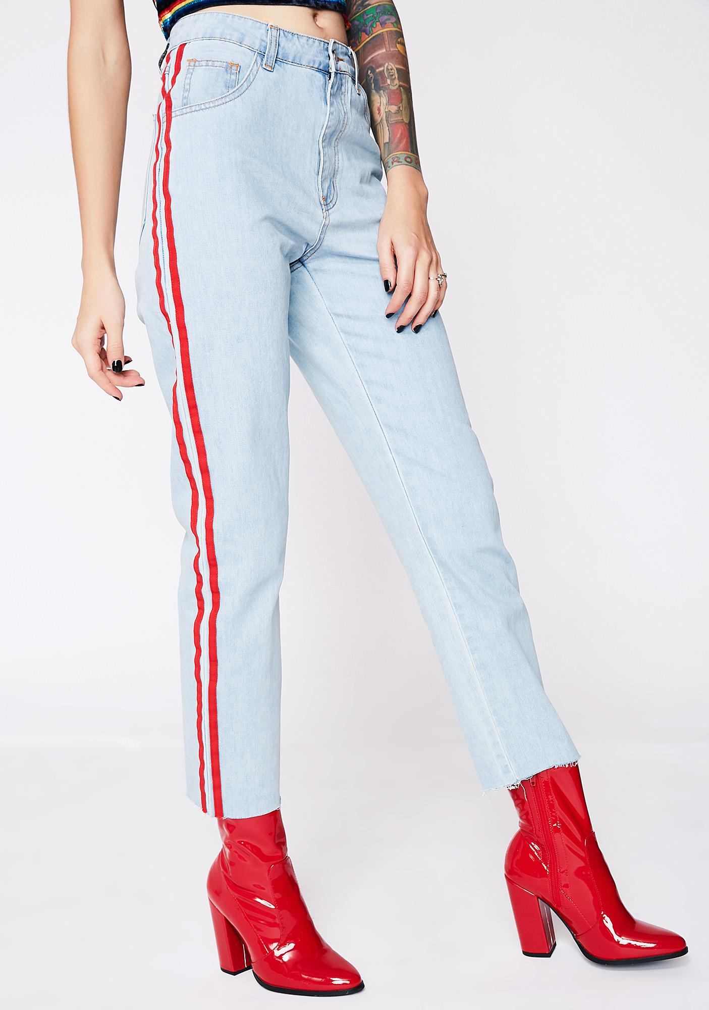 blue jeans with red stripe