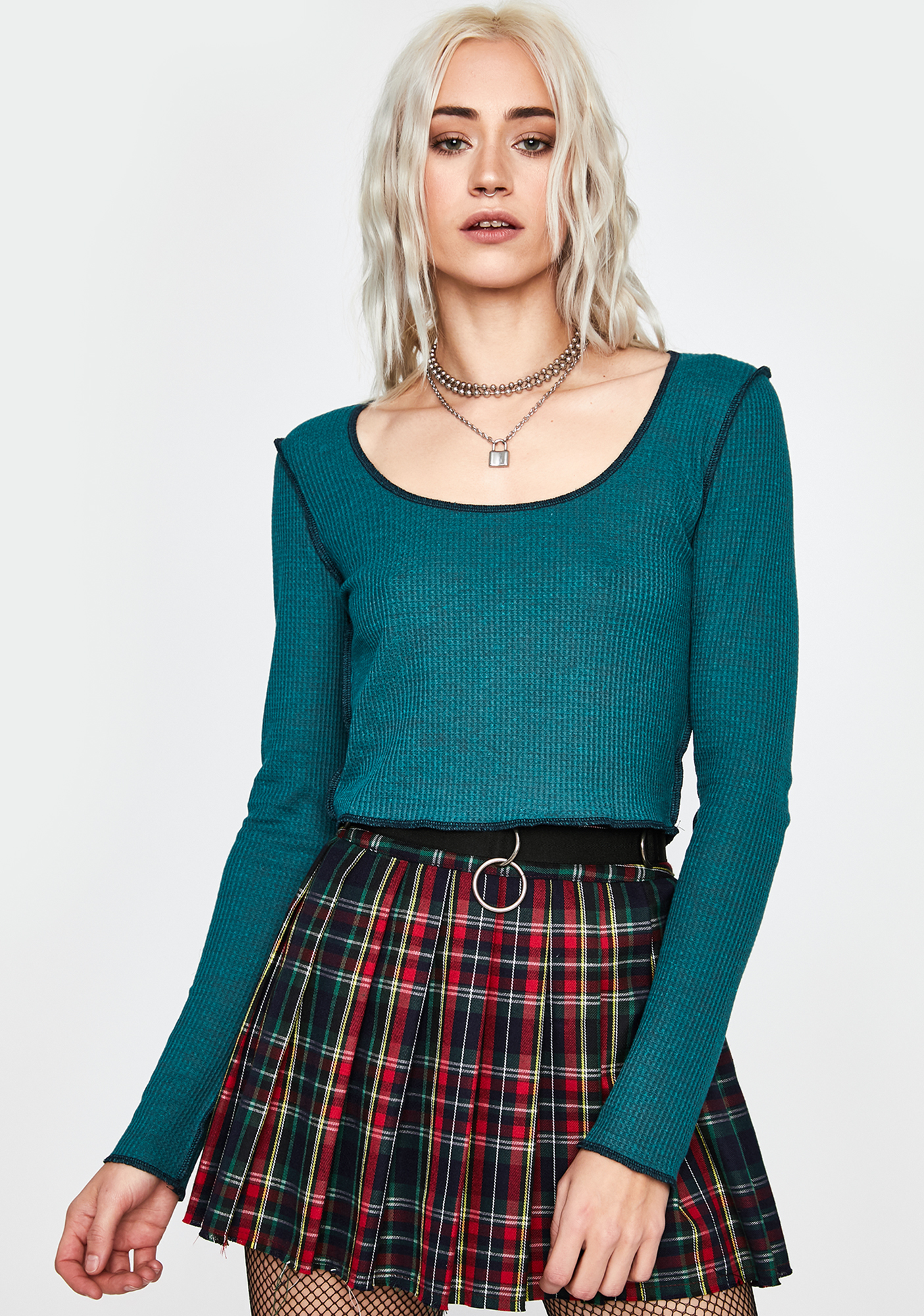 Contrast Stitch Thermal Long Sleeve Crop Top Teal Blue | Dolls Kill