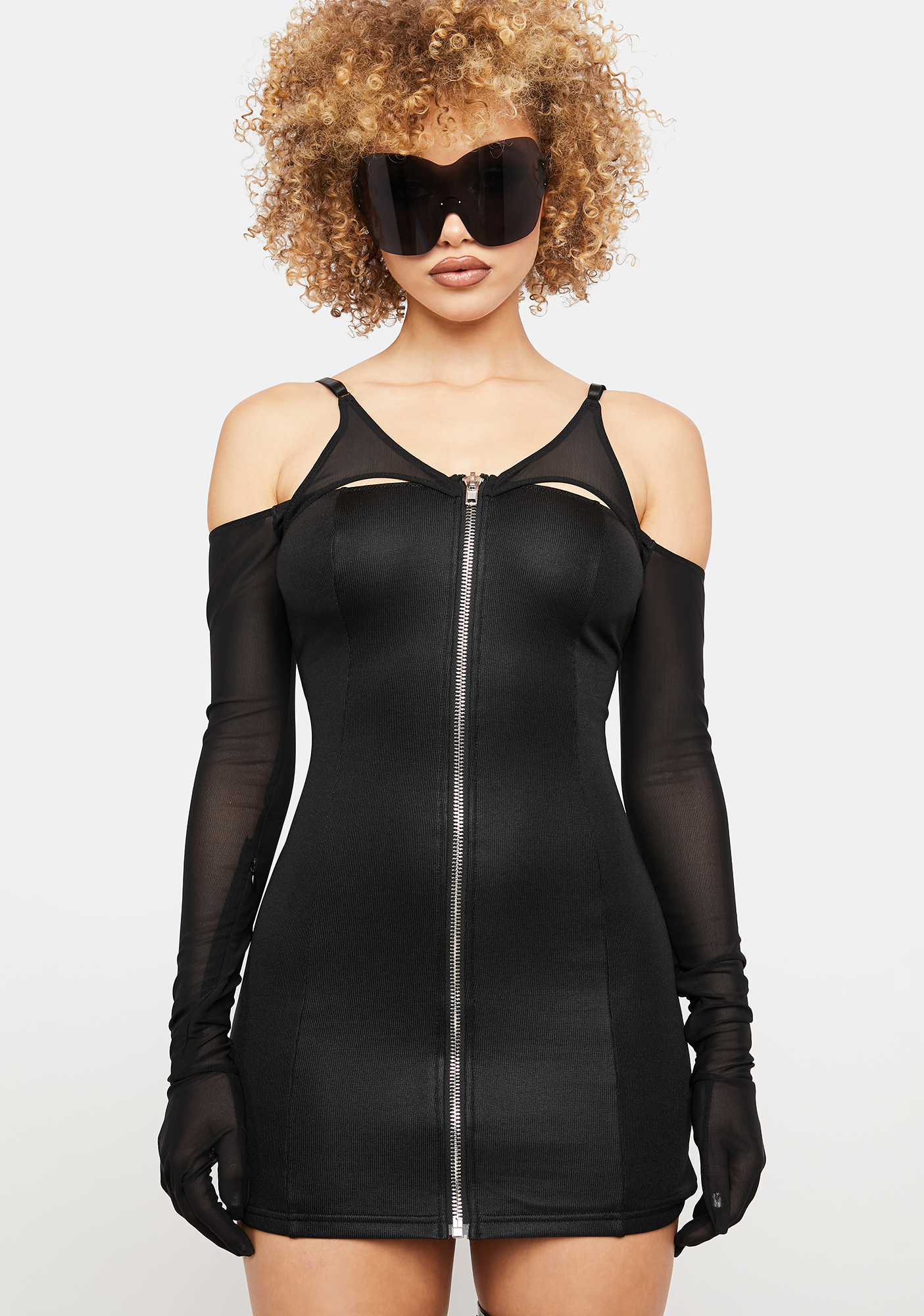Poster Grl Cold Shoulder Zip Up Glove Dress - Black | Dolls Kill
