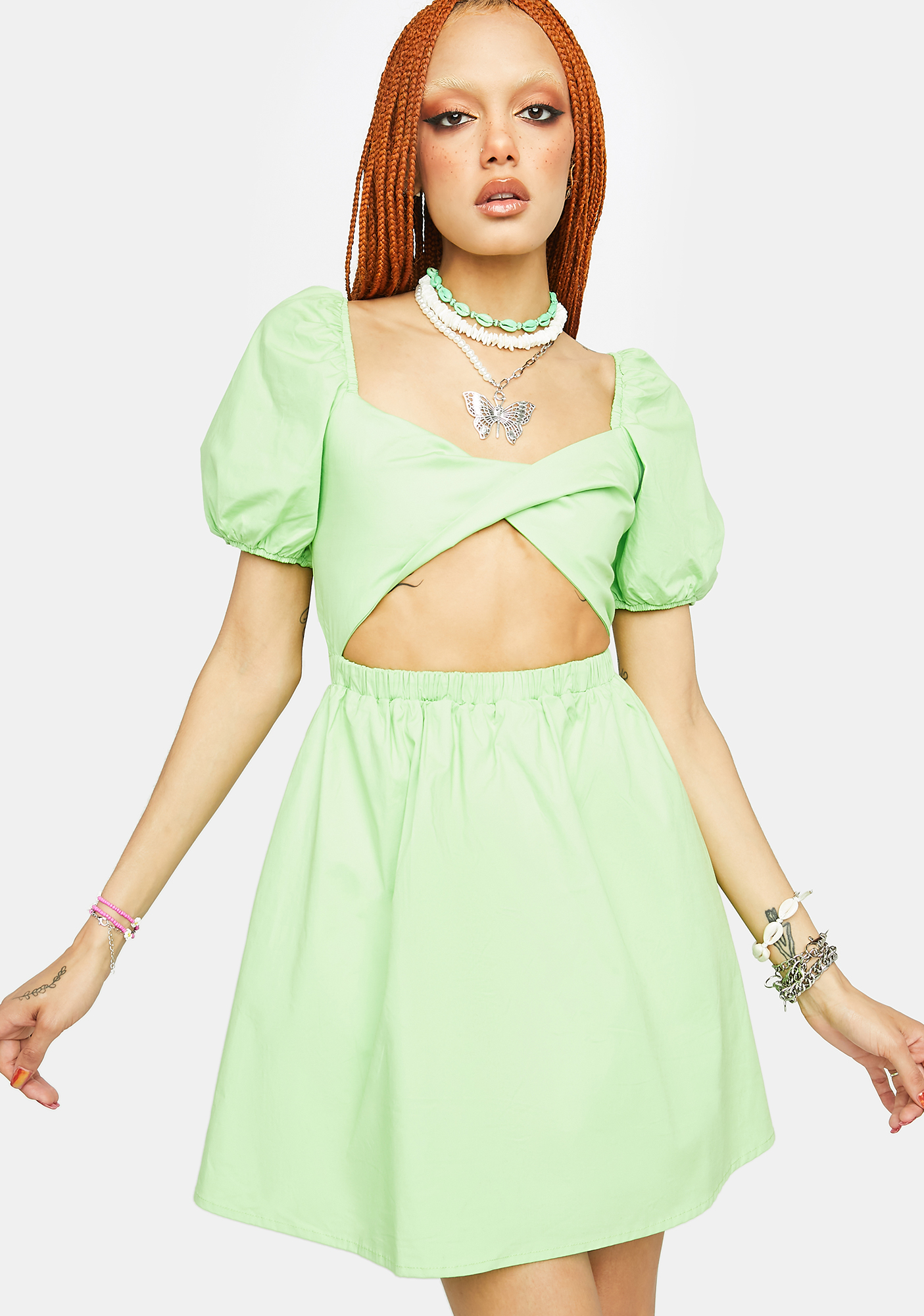 Puff Sleeve Cutout Babydoll Dress - Green | Dolls Kill