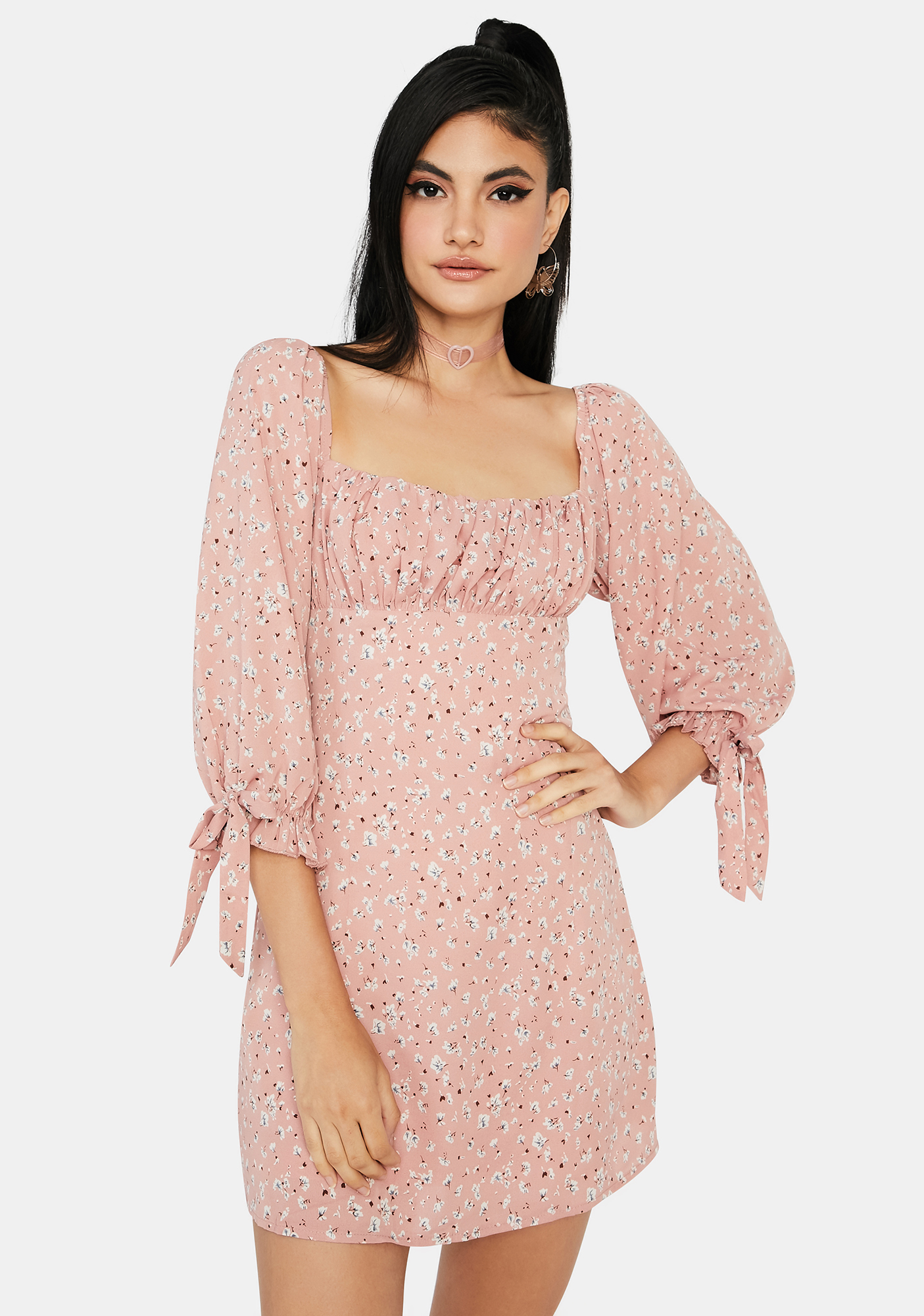 Floral Puff Sleeve Ruched Mini Dress - Pink | Dolls Kill