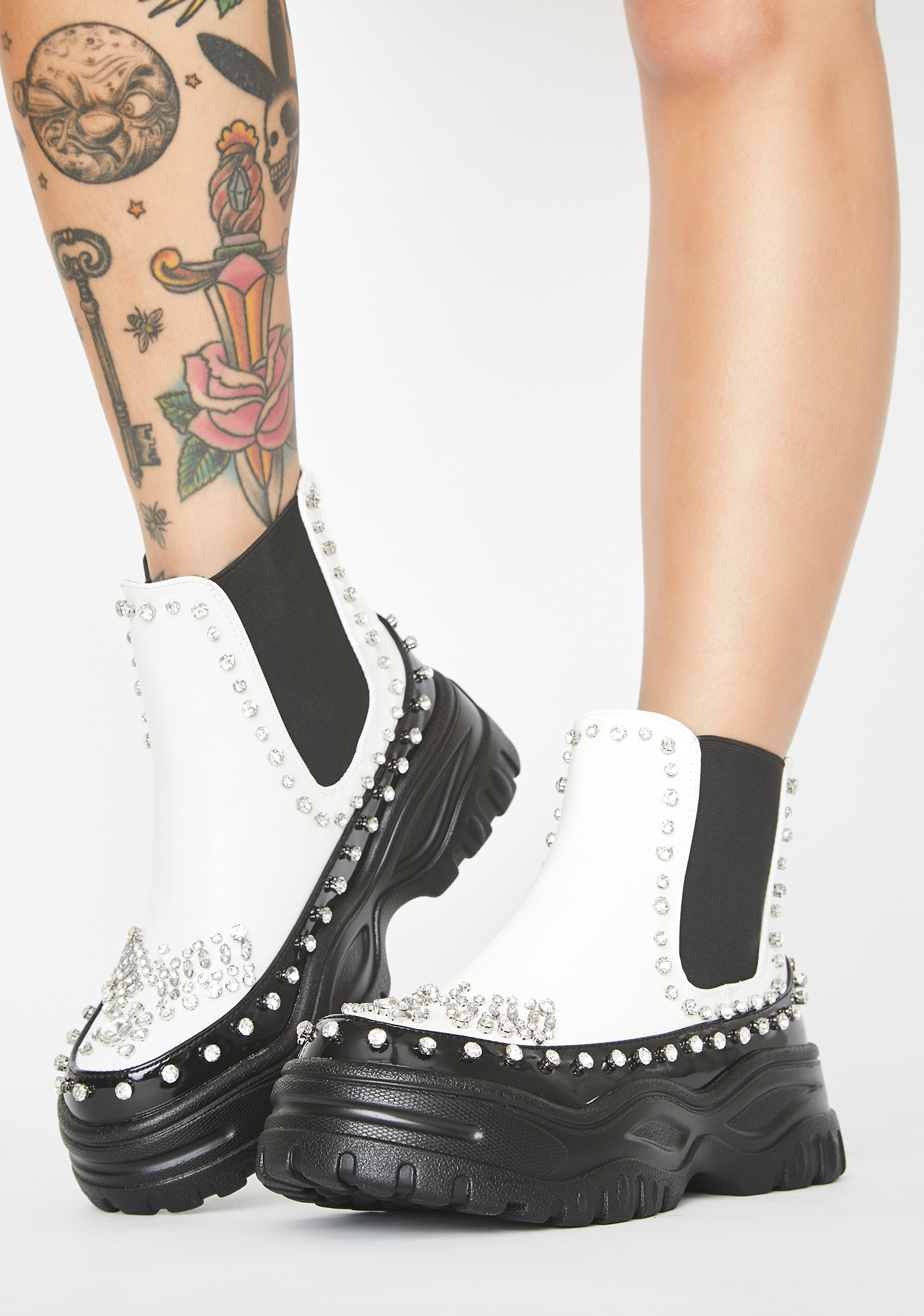 Chunky Vegan Leather Platform Rhinestone Ankle Boots White Dolls Kill