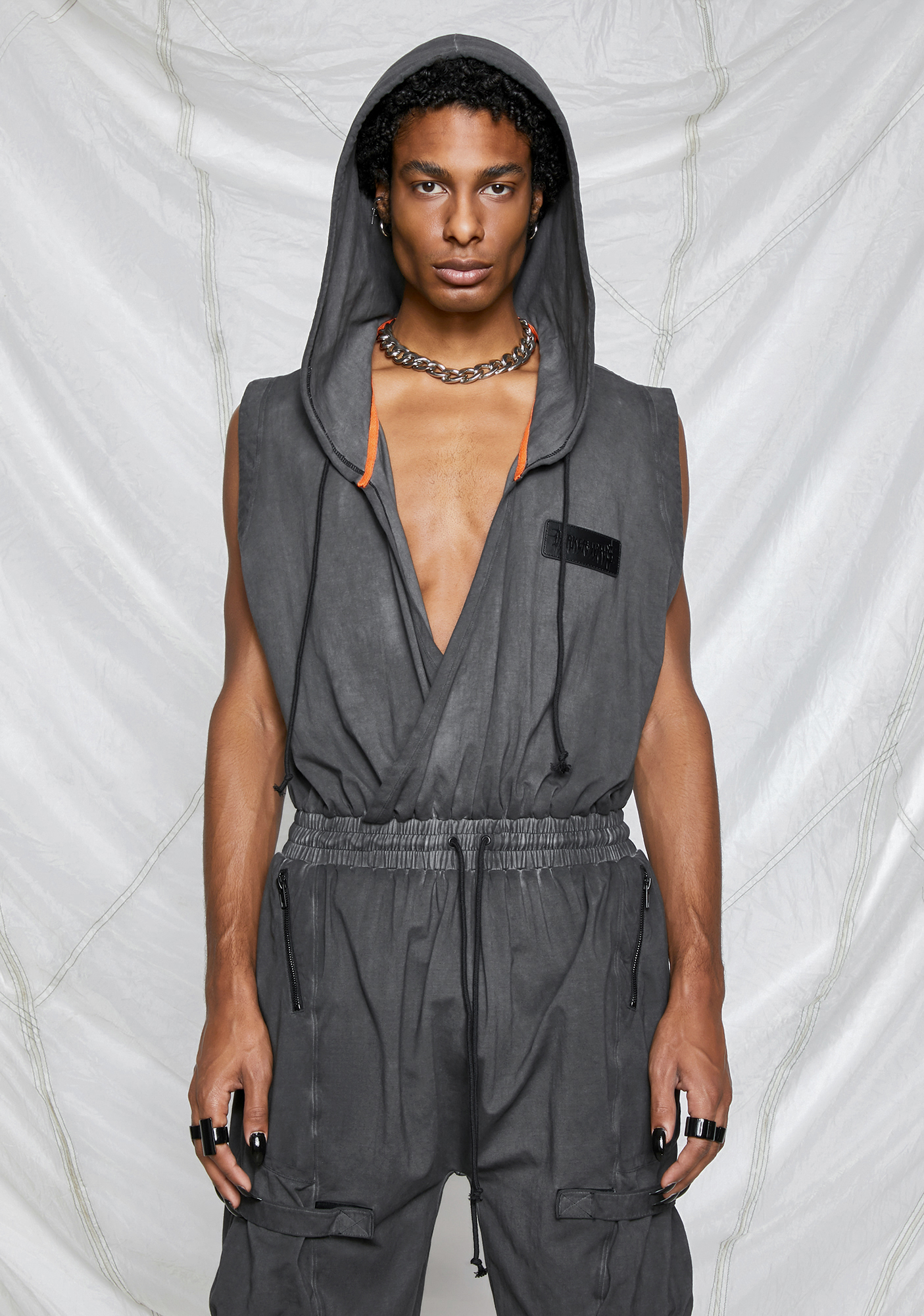 Darker Wavs Unisex Hooded And Draped Washed Cotton Jumpsuit Charcoal