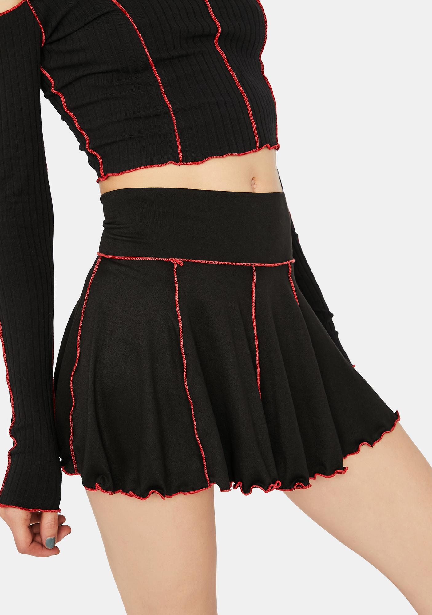 Contrast Stitch High Waist Pleated Mini Skirt - Black/Red | Dolls Kill
