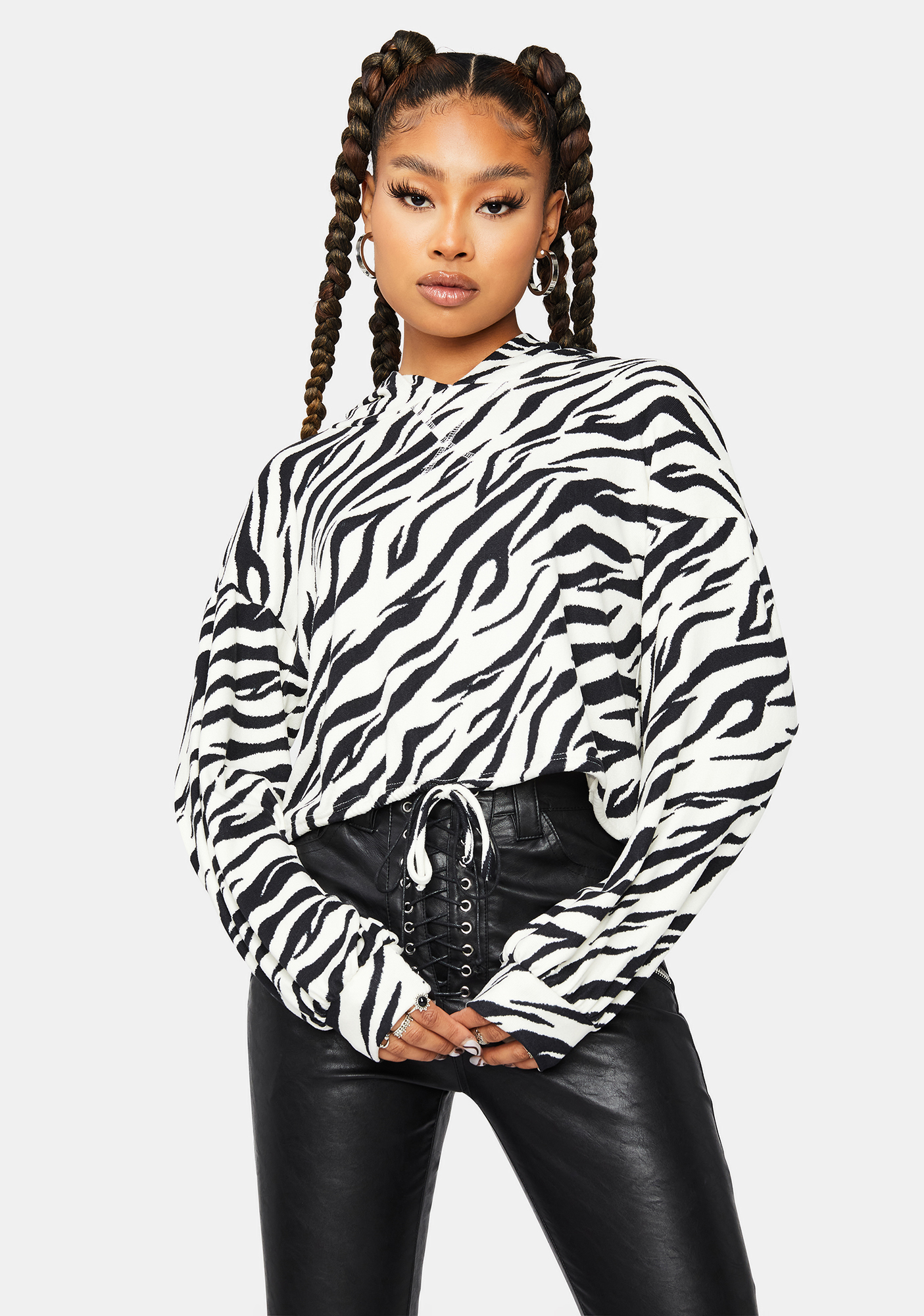 Zebra Print Long Sleeve Cropped Hoodie - Black White | Dolls Kill