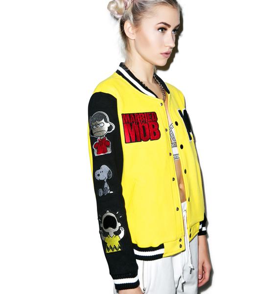 Married to the Mob Peanuts Varsity Jacket With Patches | Dolls Kill