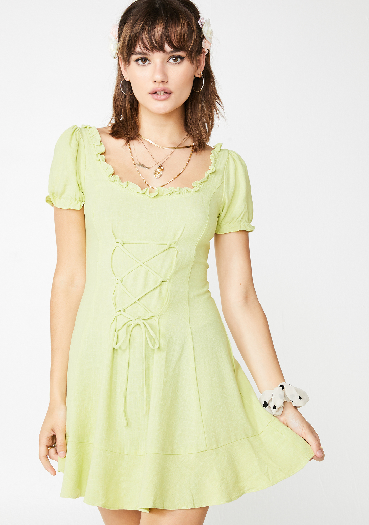 Babydoll Dress Lace Up Ruffle Green Dolls Kill