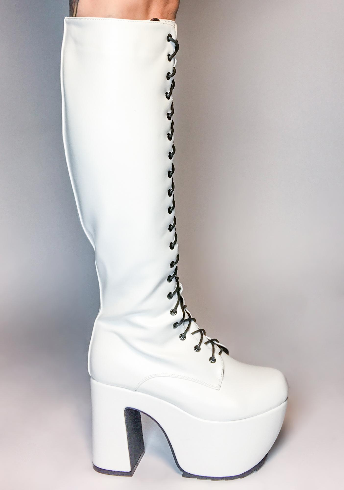 Lamoda Vegan Leather Knee High Boots - White | Dolls Kill
