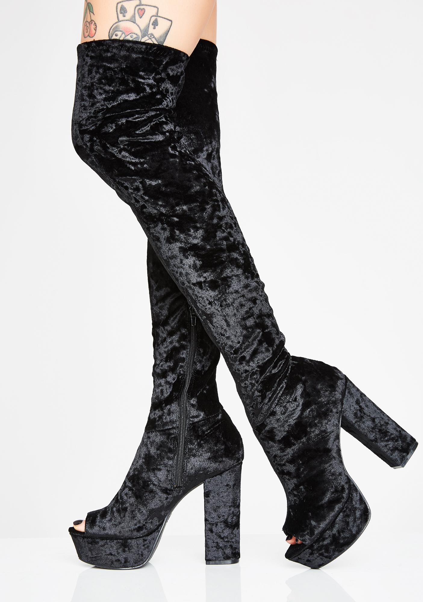 crushed velvet over the knee boots