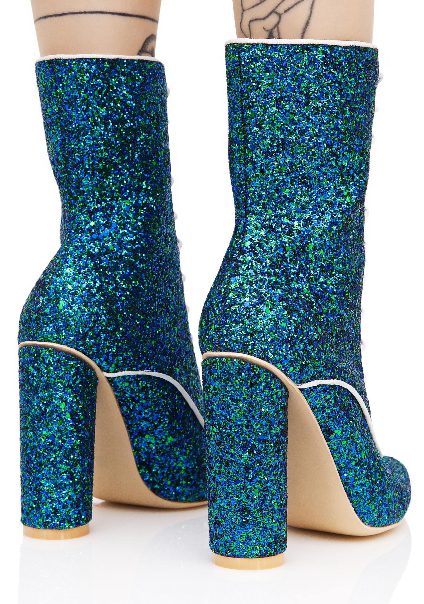 Blue Lace Up Glitter Heeled Boots 