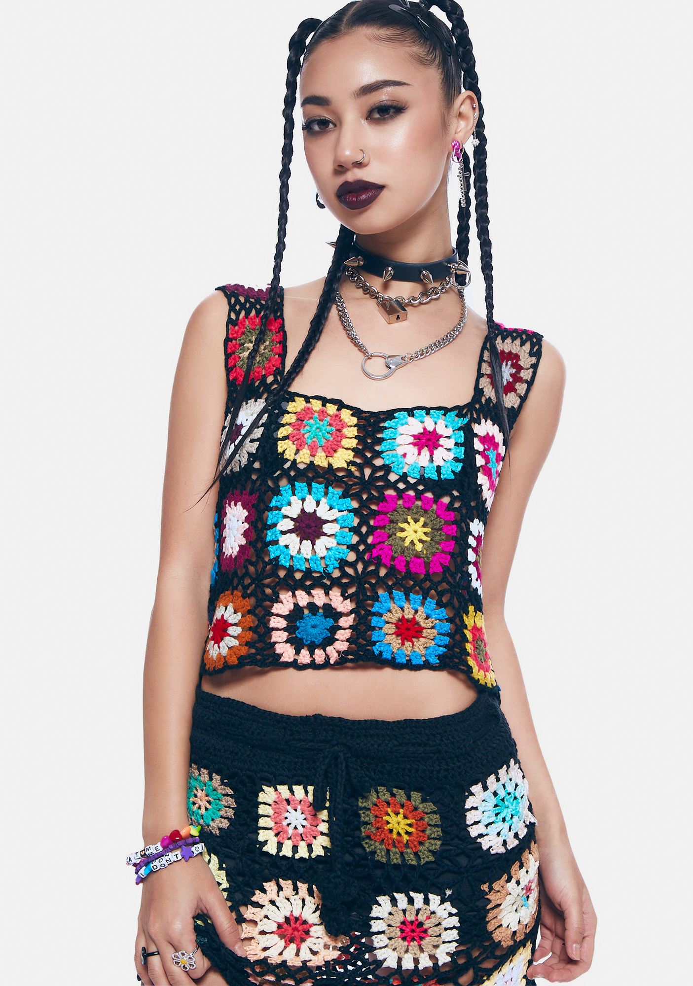 Patchwork Crochet Square Neck Tank Top Black Dolls Kill