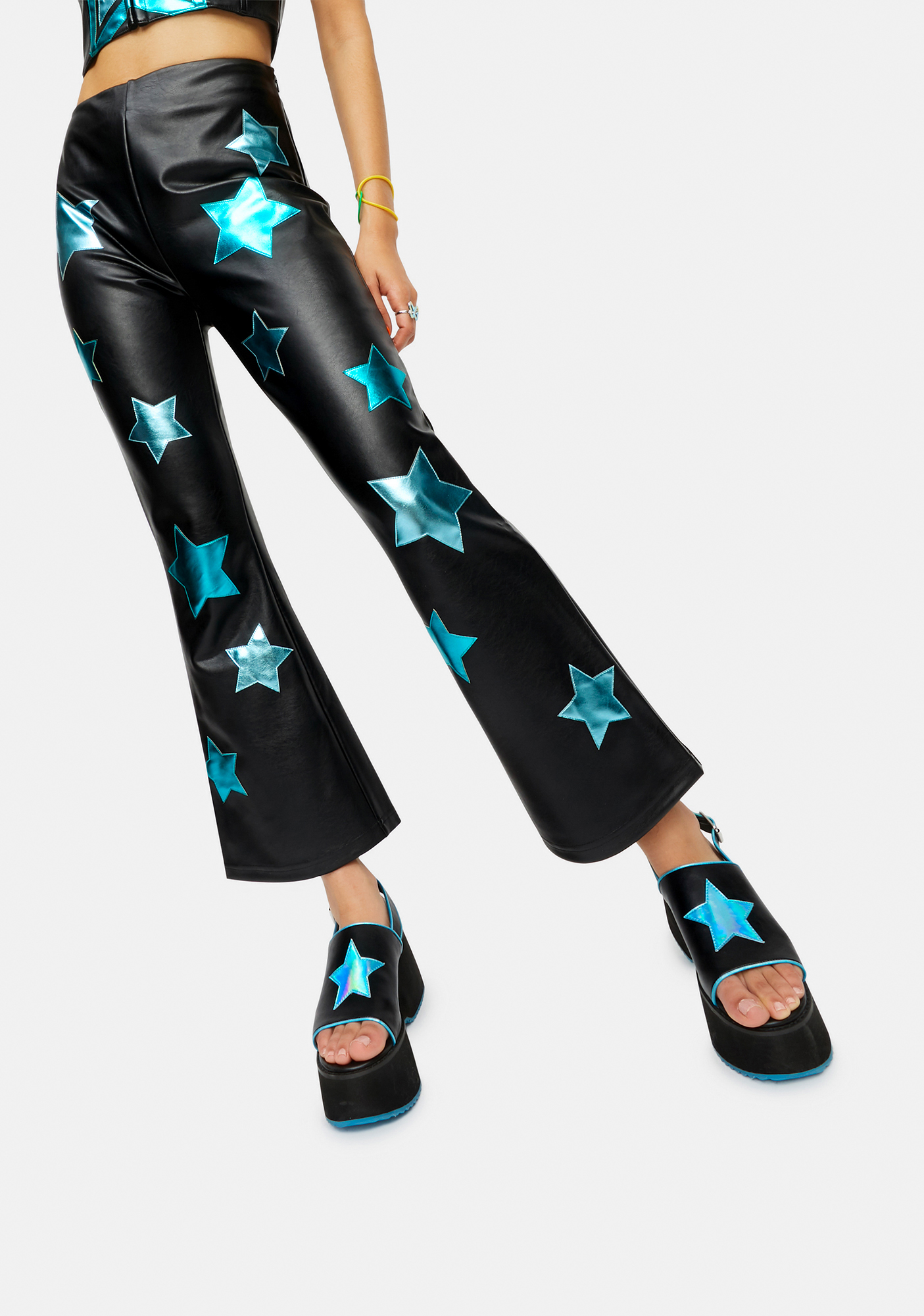 Delias Groovy Vegan Leather Holographic Star Flare Pants Black Blue