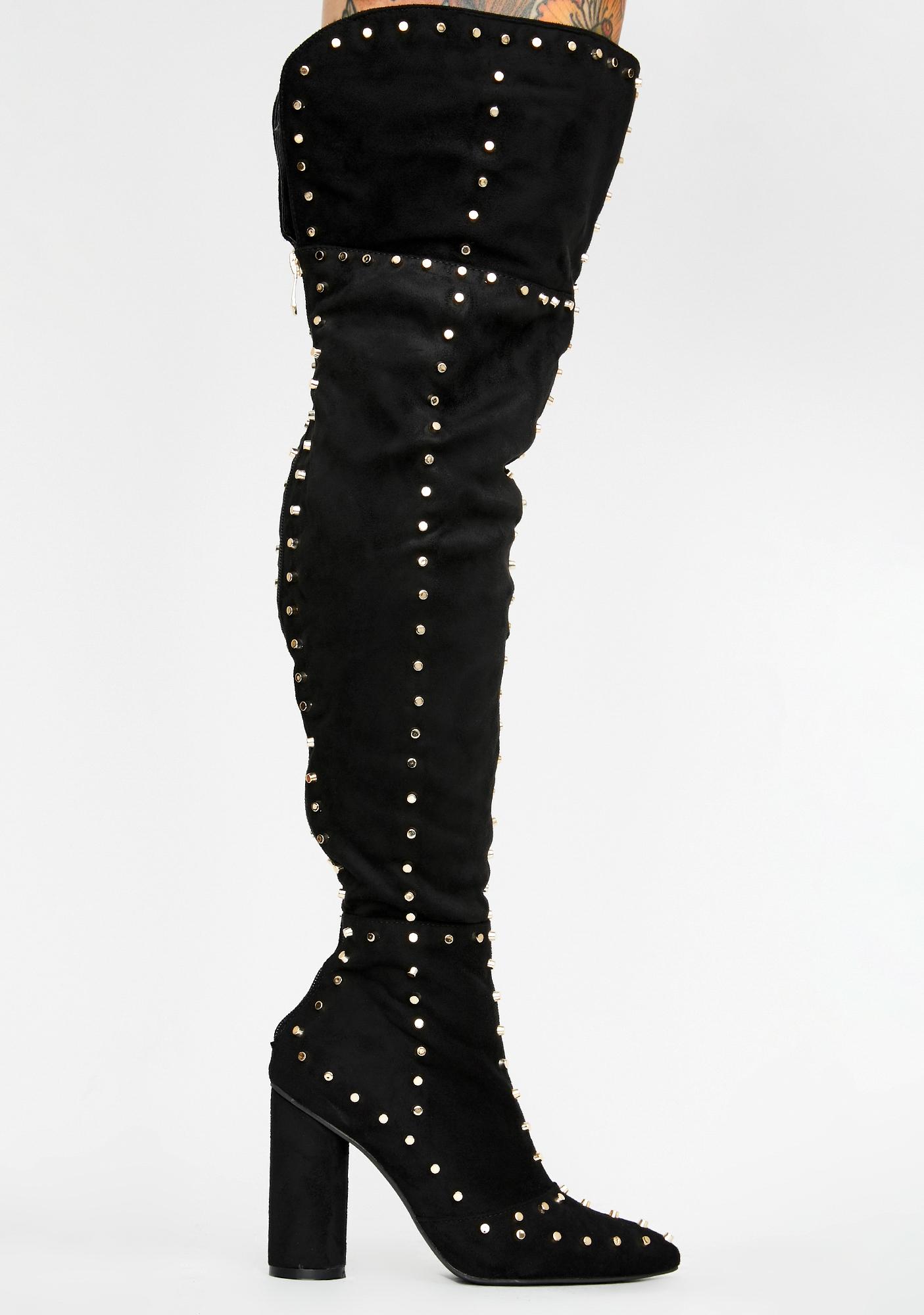 Studded Knee High Heeled Boots Faux 