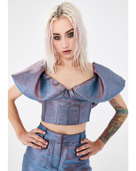 Pink Blue Metallic Puff Sleeve Crop Top