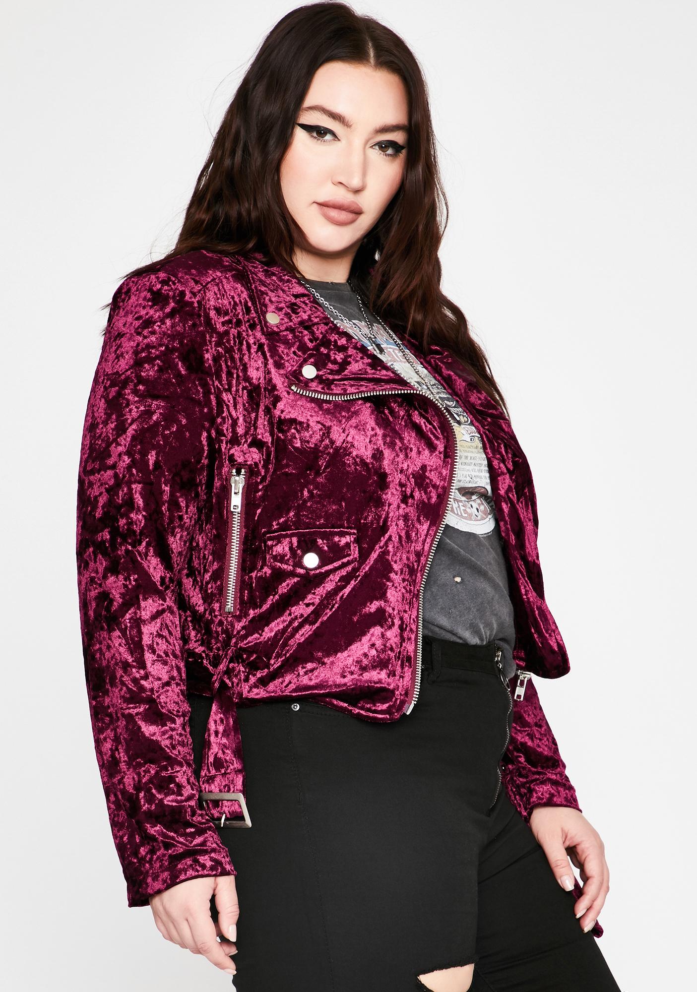 Plus Size burgundy Dark Red Crush Velvet Moto Jacket | Dolls Kill