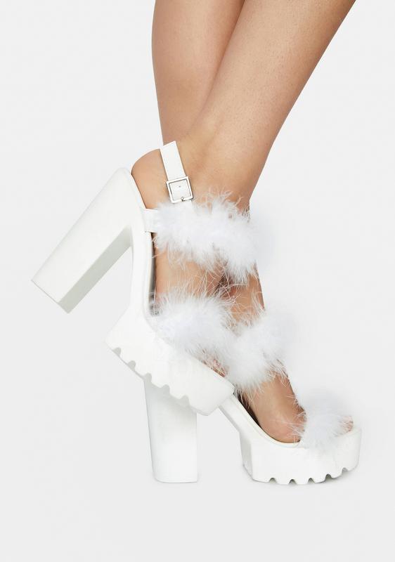white fluffy platform heels