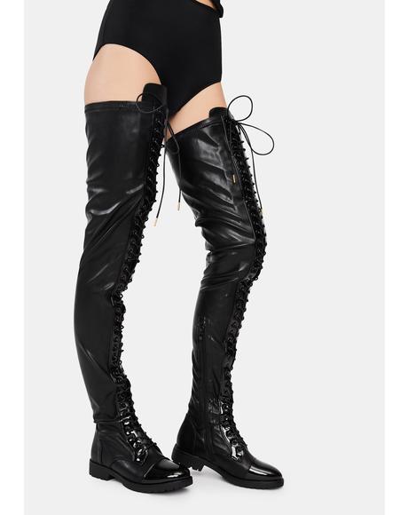 Privileged Darling Distressed Denim Thigh-High Boots | Dolls Kill