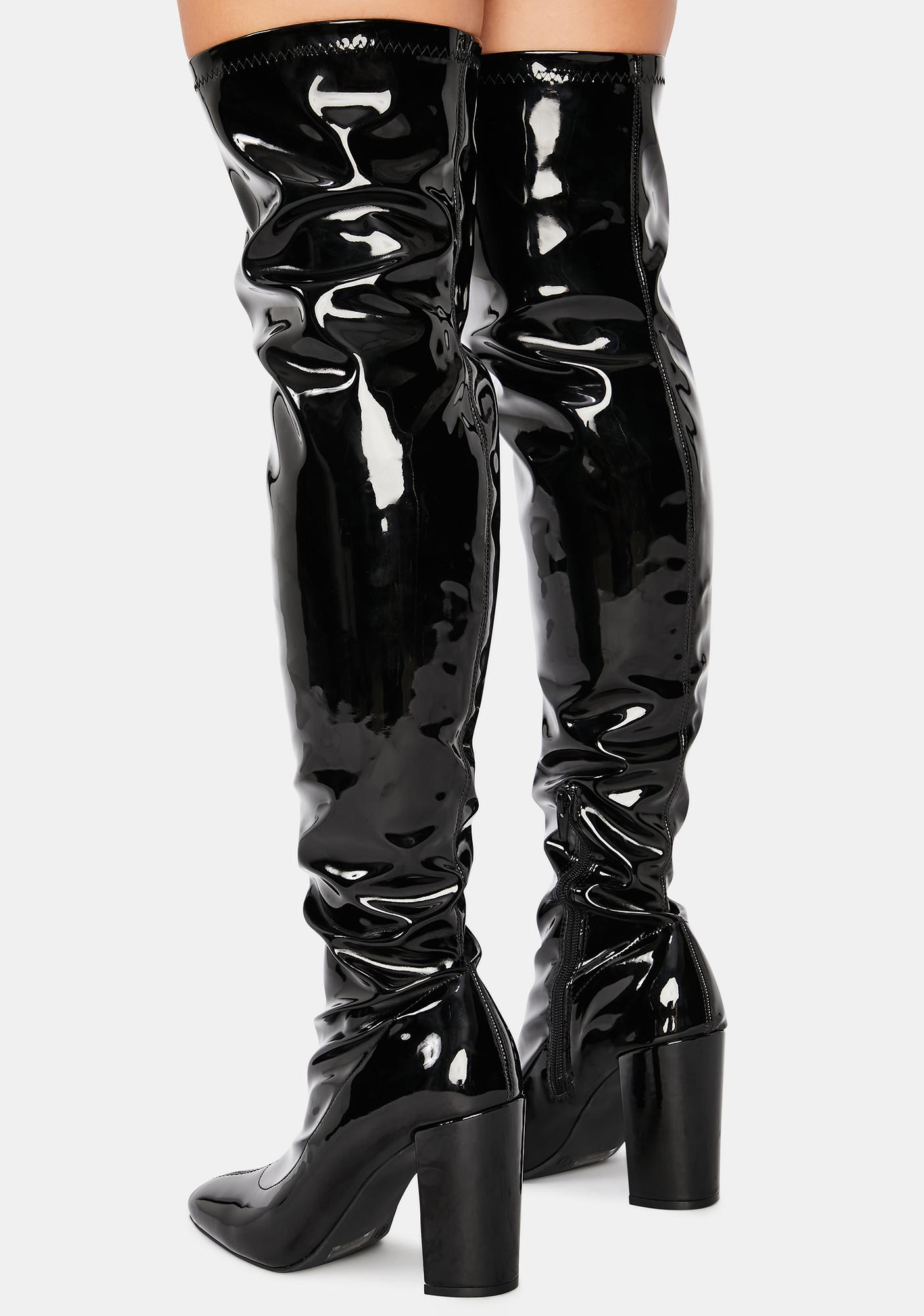 Patent Faux Leather Thigh High Heeled Boots - Black | Dolls Kill