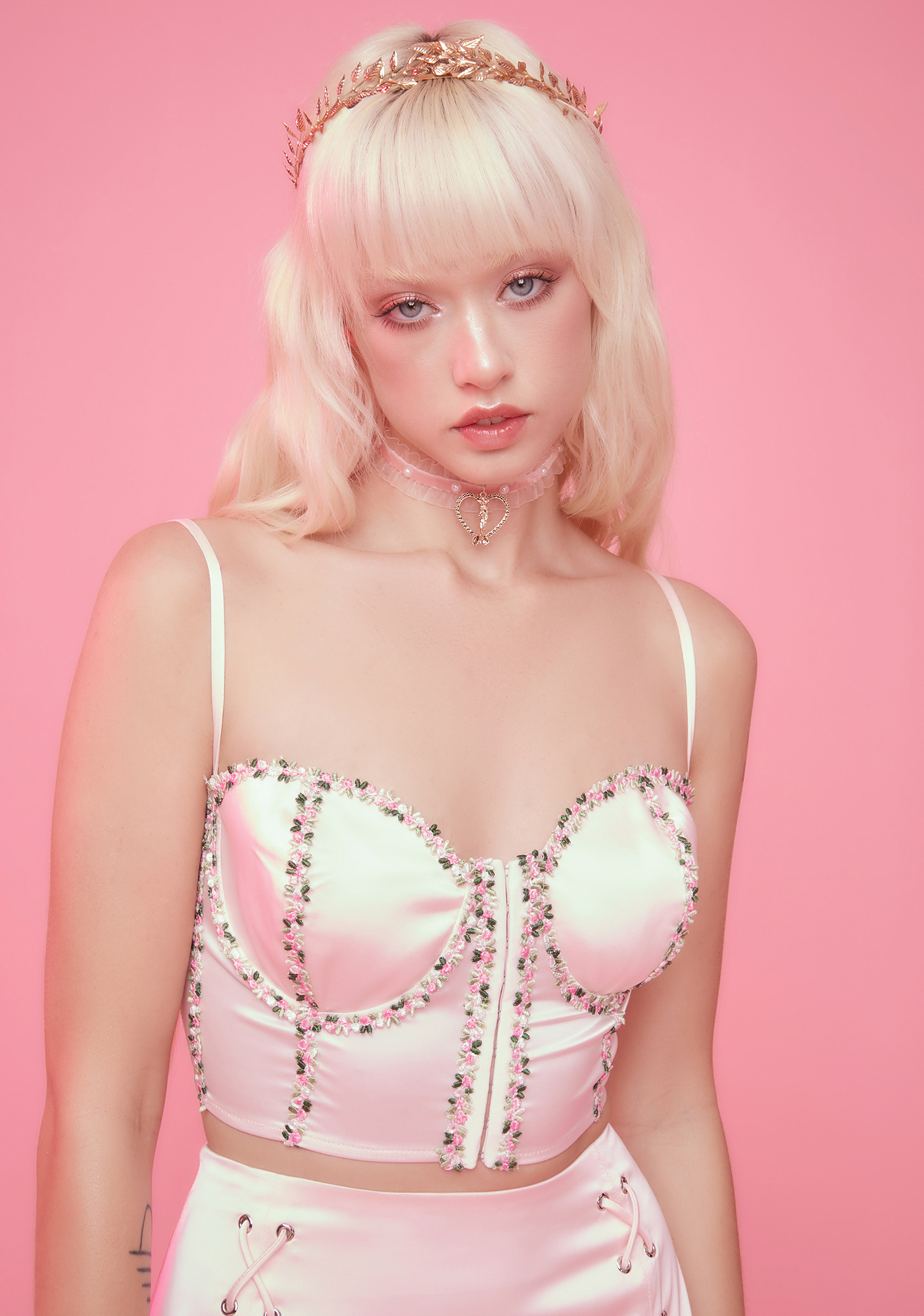 Sugar Thrillz Satin Bustier Crop Top With Floral Lace Trim Dolls Kill