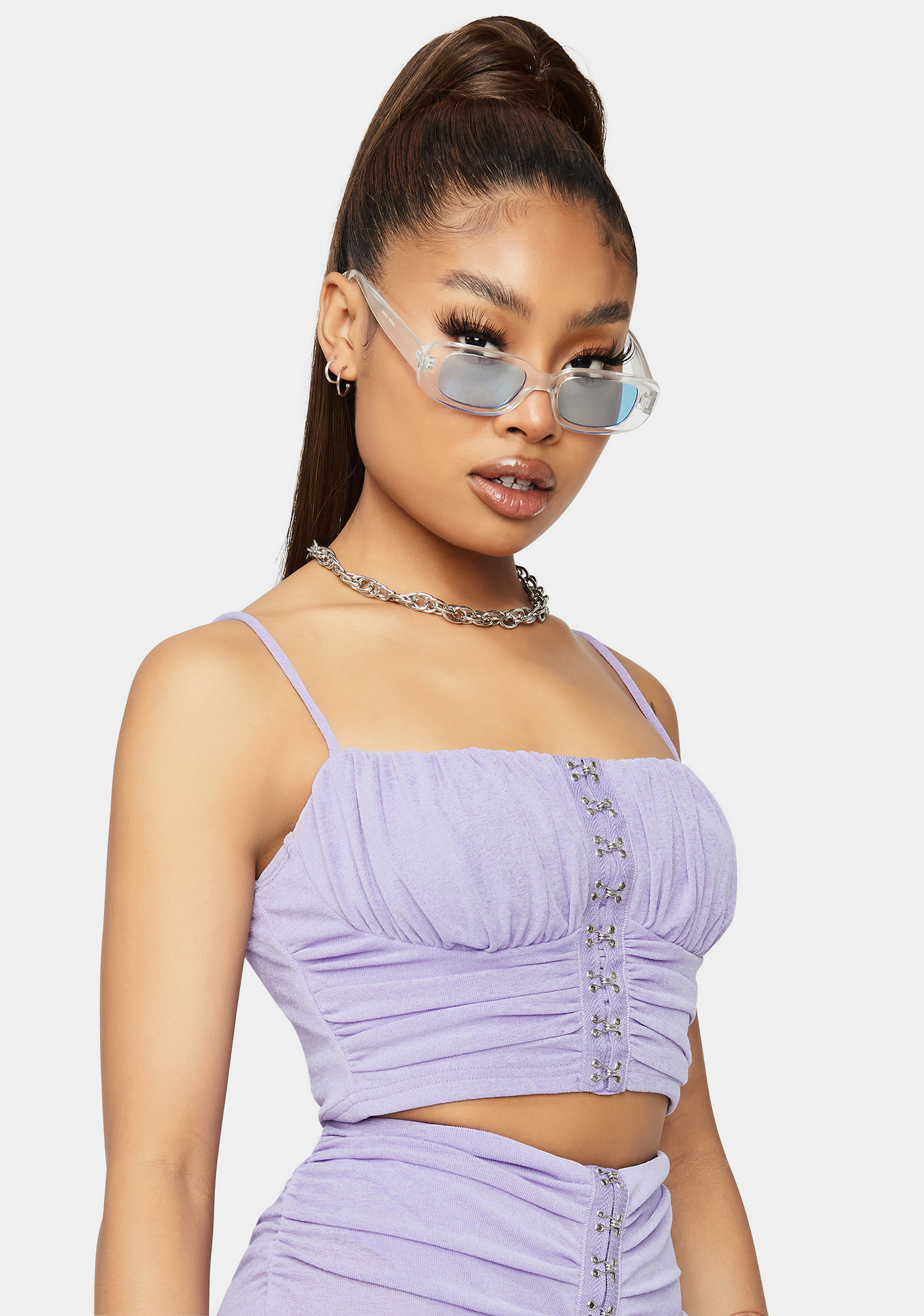 Ruched Hook And Eye Cami Crop Top Lavender Dolls Kill 