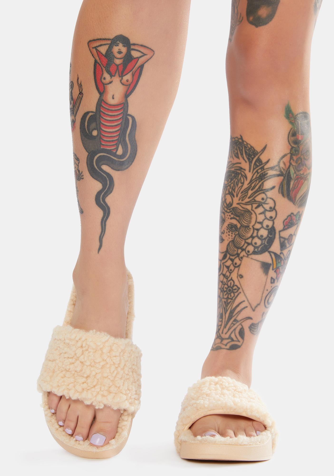 Fur Strap Slide Sandals Beige Dolls Kill