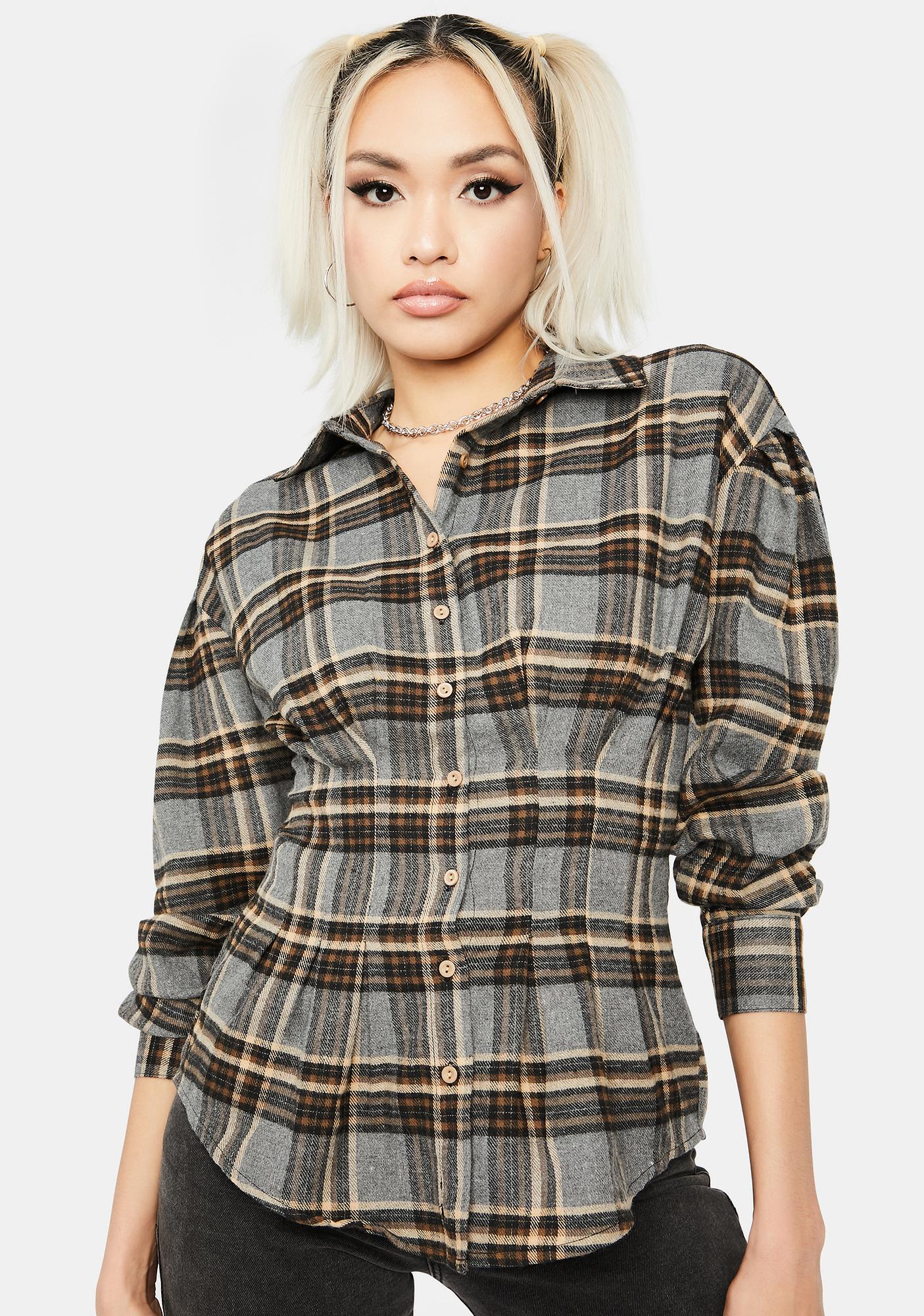 Flannel Shirt With Fitted Waist - Charcoal Plaid | Dolls Kill