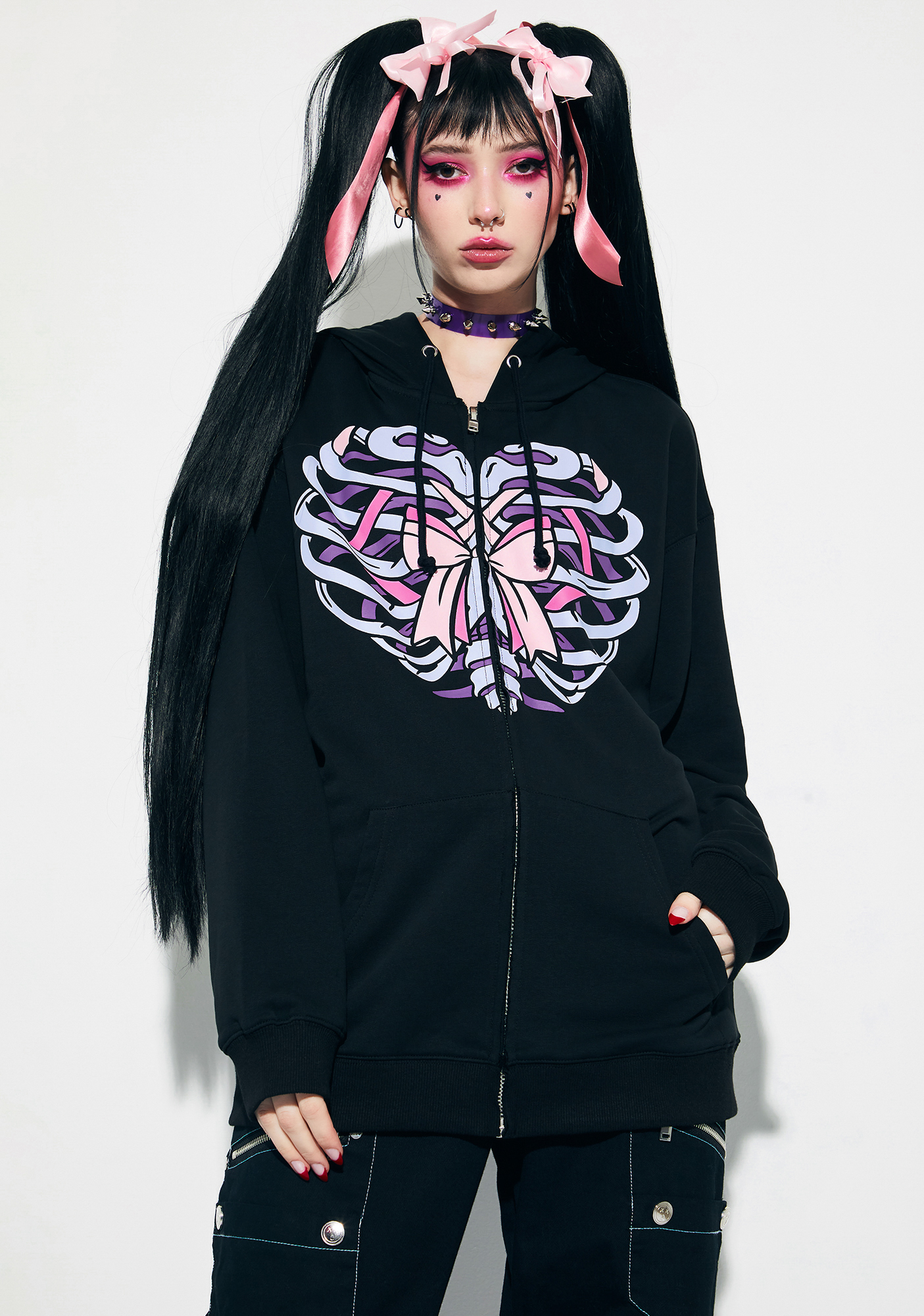 Current Mood Embroidered Ribcage Zip Up Hoodie - Black | Dolls Kill