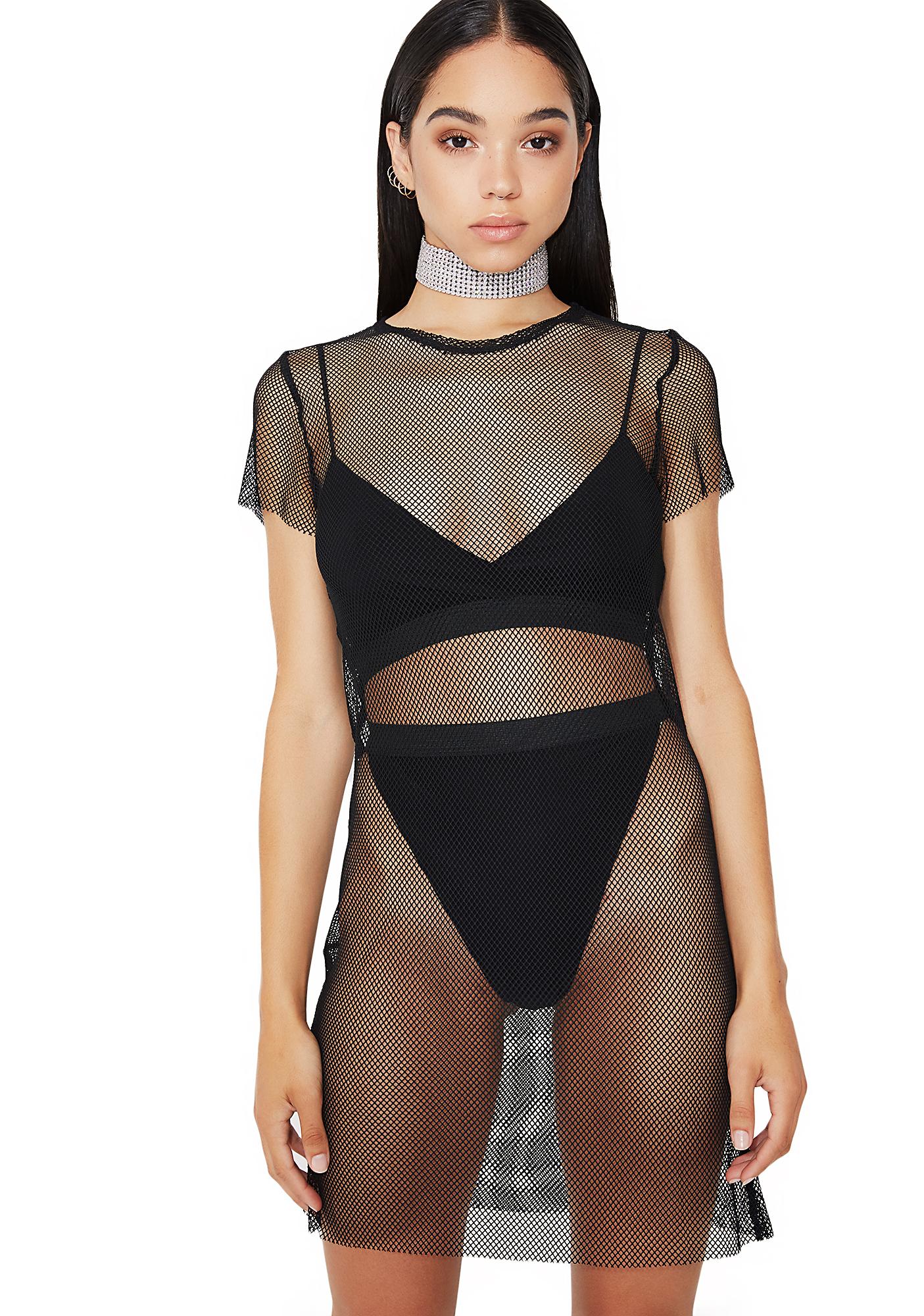black oversized fishnet t shirt dress