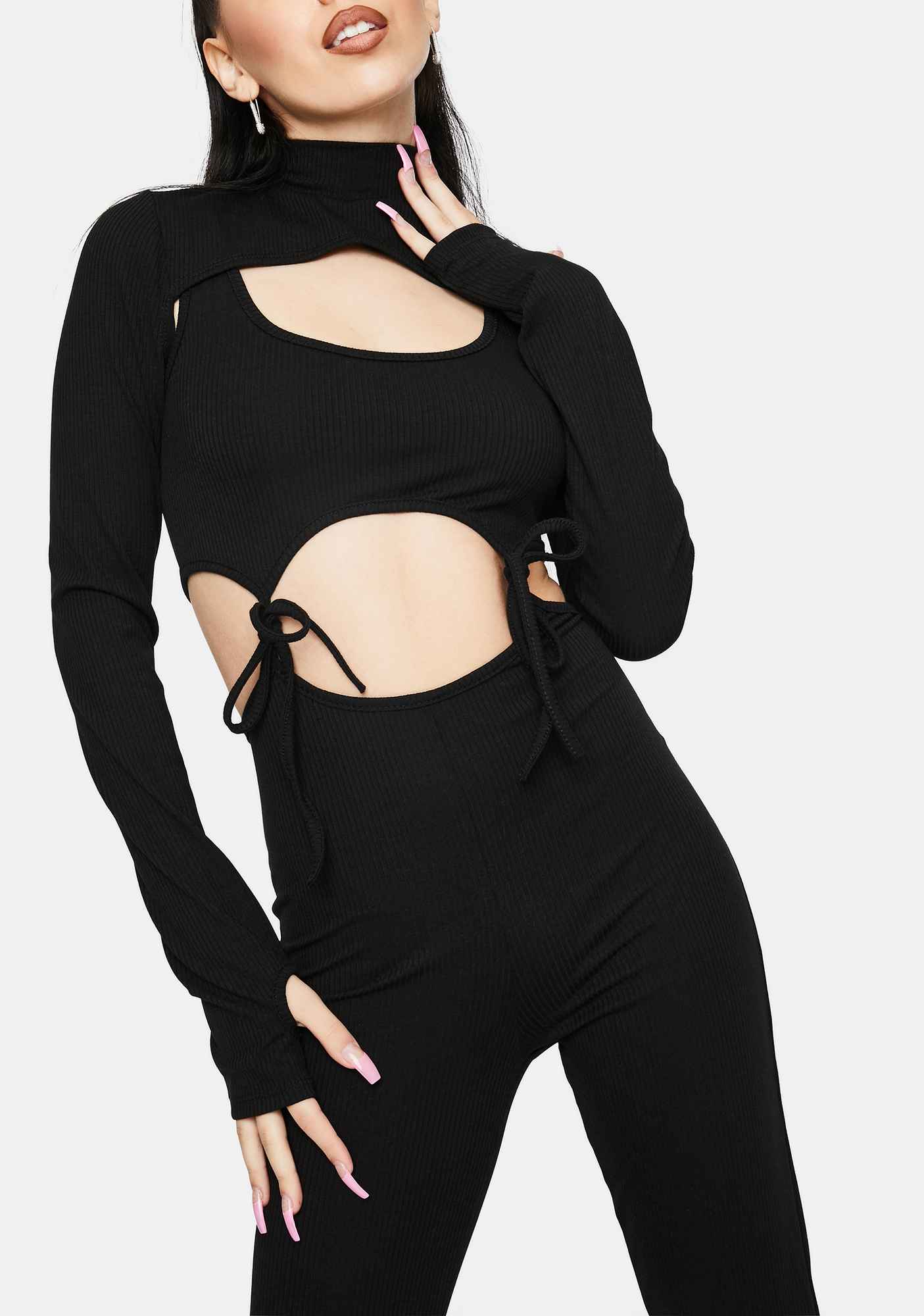Cutout Long Sleeve Shrug Jumpsuit Black Dolls Kill