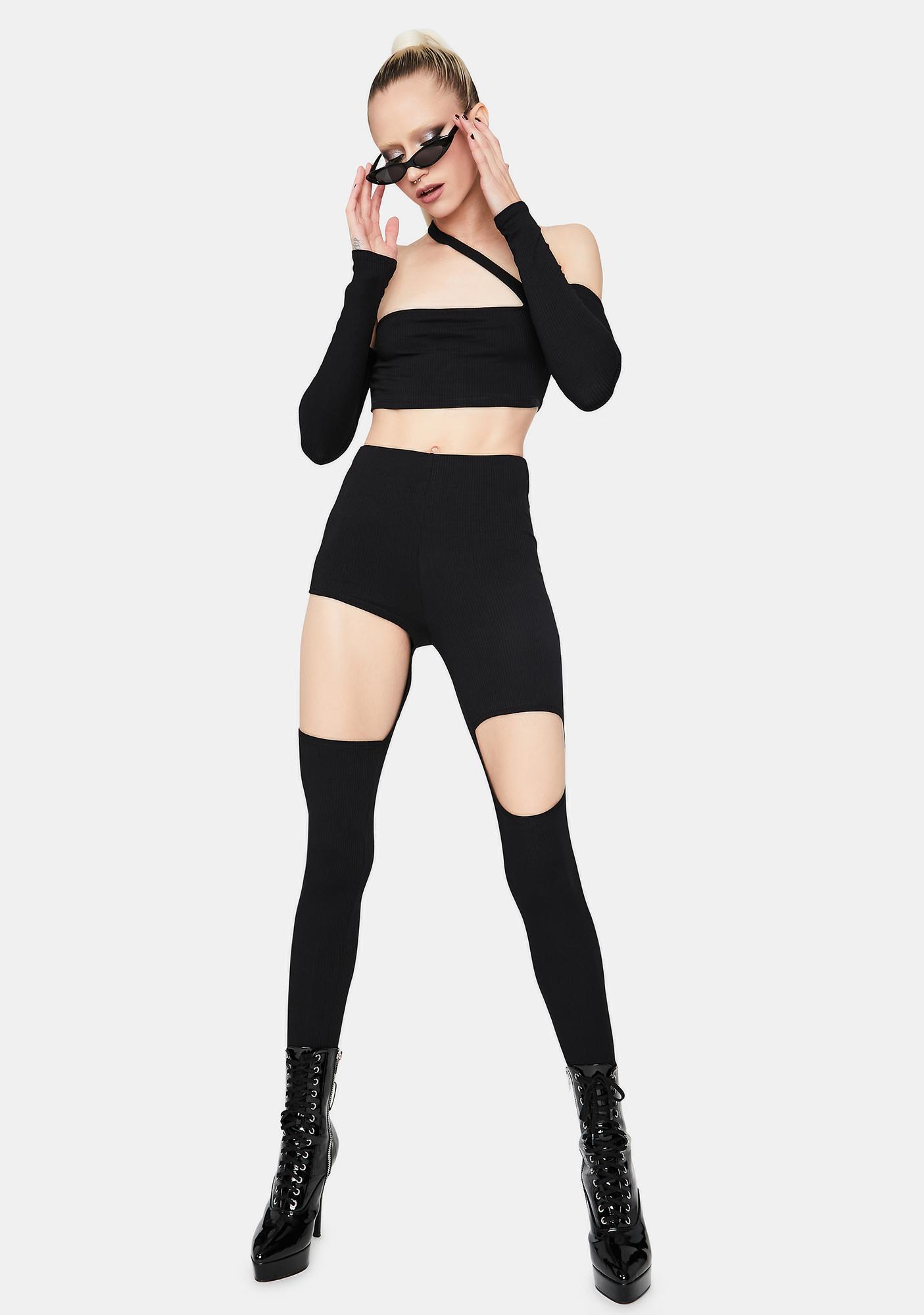 Asymmetrical Cold Shoulder Crop Top And Cutout Leggings Pants Set