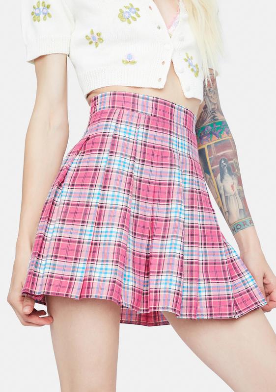 Plaid Pleated Mini Skirt - Pink/Blue 