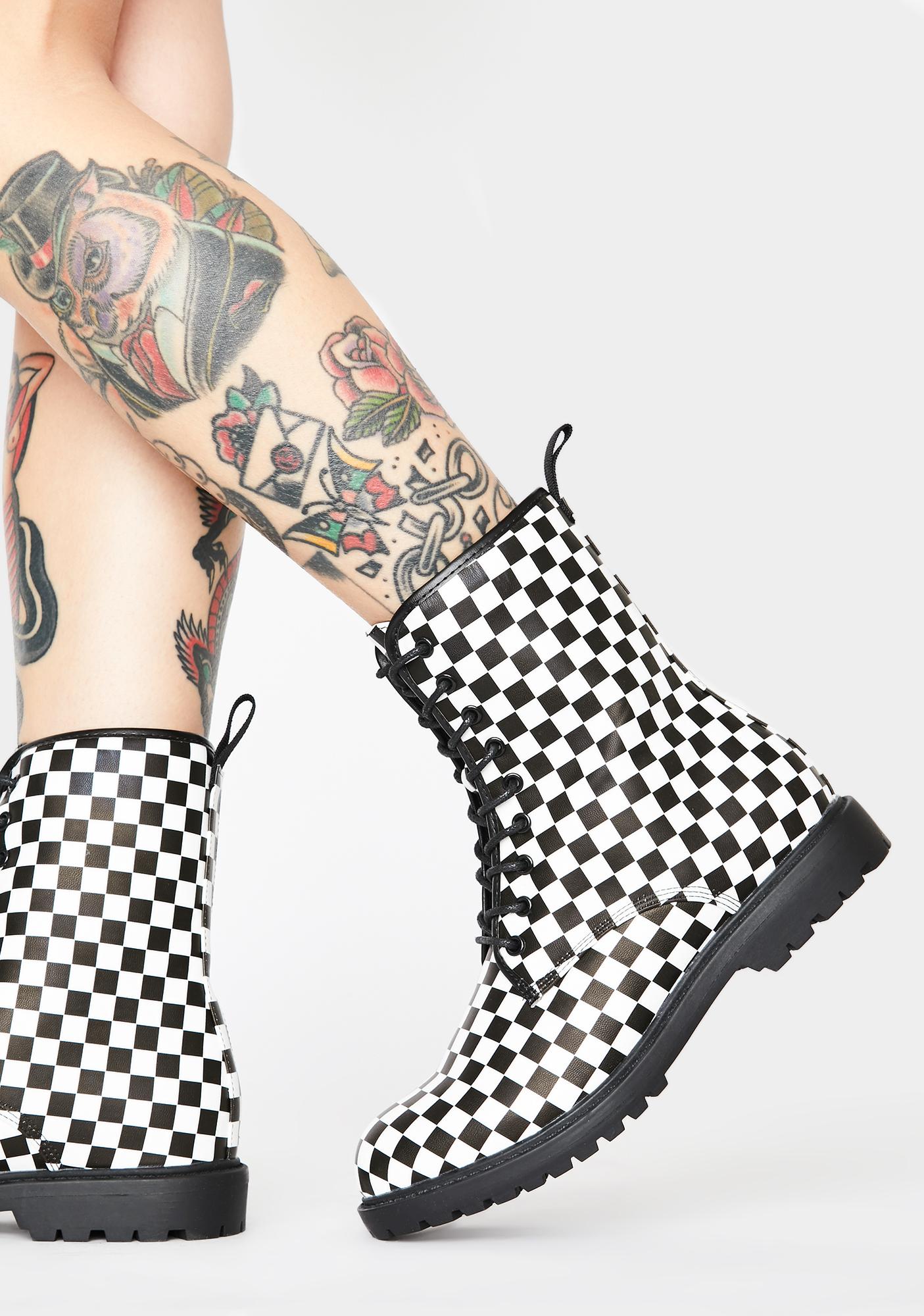 Checkered Combat Ankle Boots Lace Up 